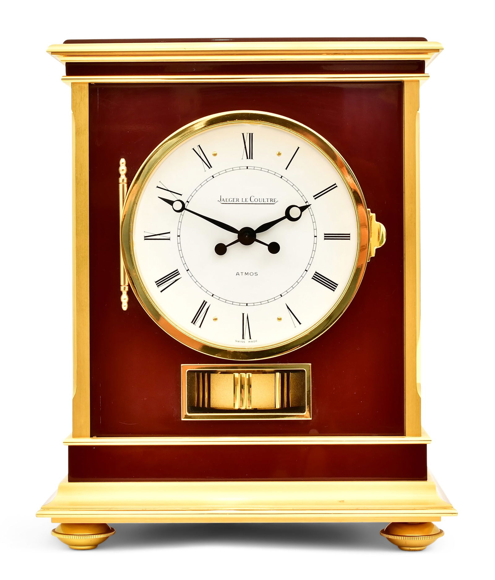 Jaeger-LeCoultre Brass & Enamel Atmos Clock: Jaeger-LeCoultre Brass & Enamel Atmos Clockcirca 1970'sbrass and maroon enamel case, perpetual caliber 526 15-jewel movement powered by atmospheric bellows, dial marked "Jaeger-LeCoultre / Atmos&