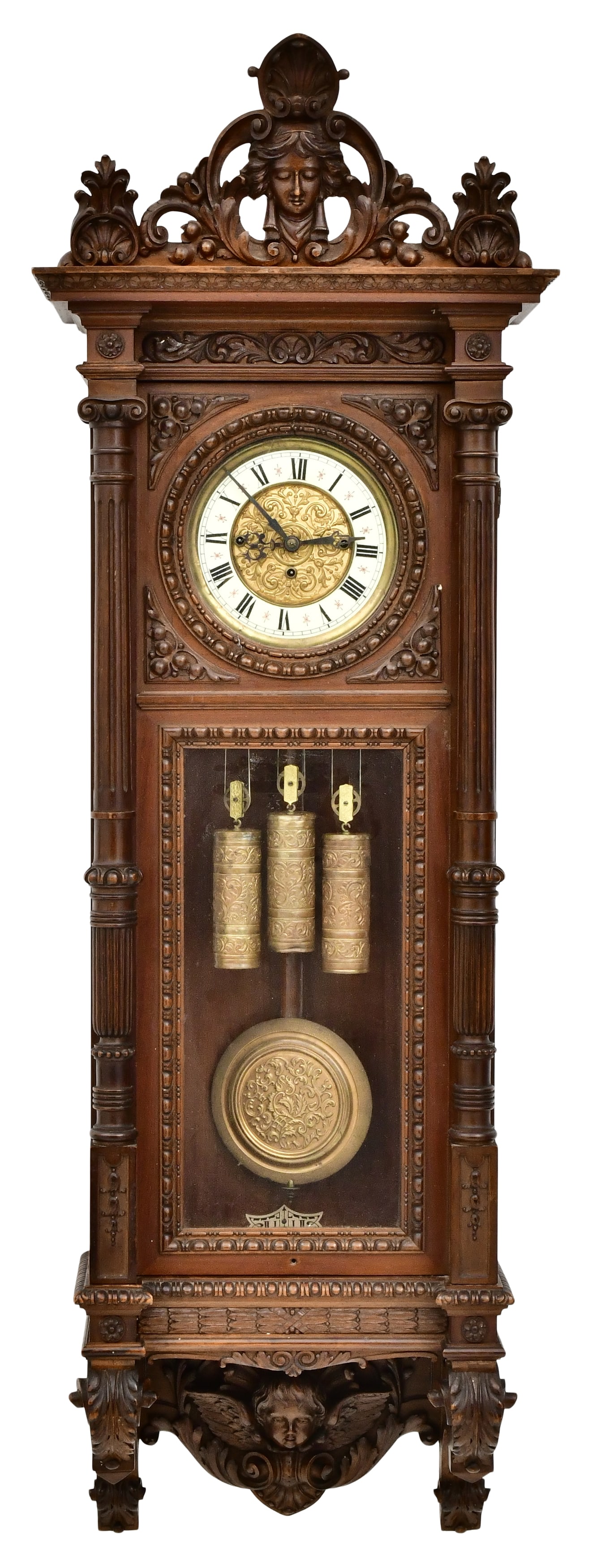 Gustav Becker Three-Weight Grand Sonnerie Vienna Regulator Clock: Gustav Becker Three-Weight Grand Sonnerie Vienna Regulator Clockcirca 1880'swalnut case with fluted columns, brass 8-day weight-driven grand sonnerie movement, movement signed with firm's mark and ser