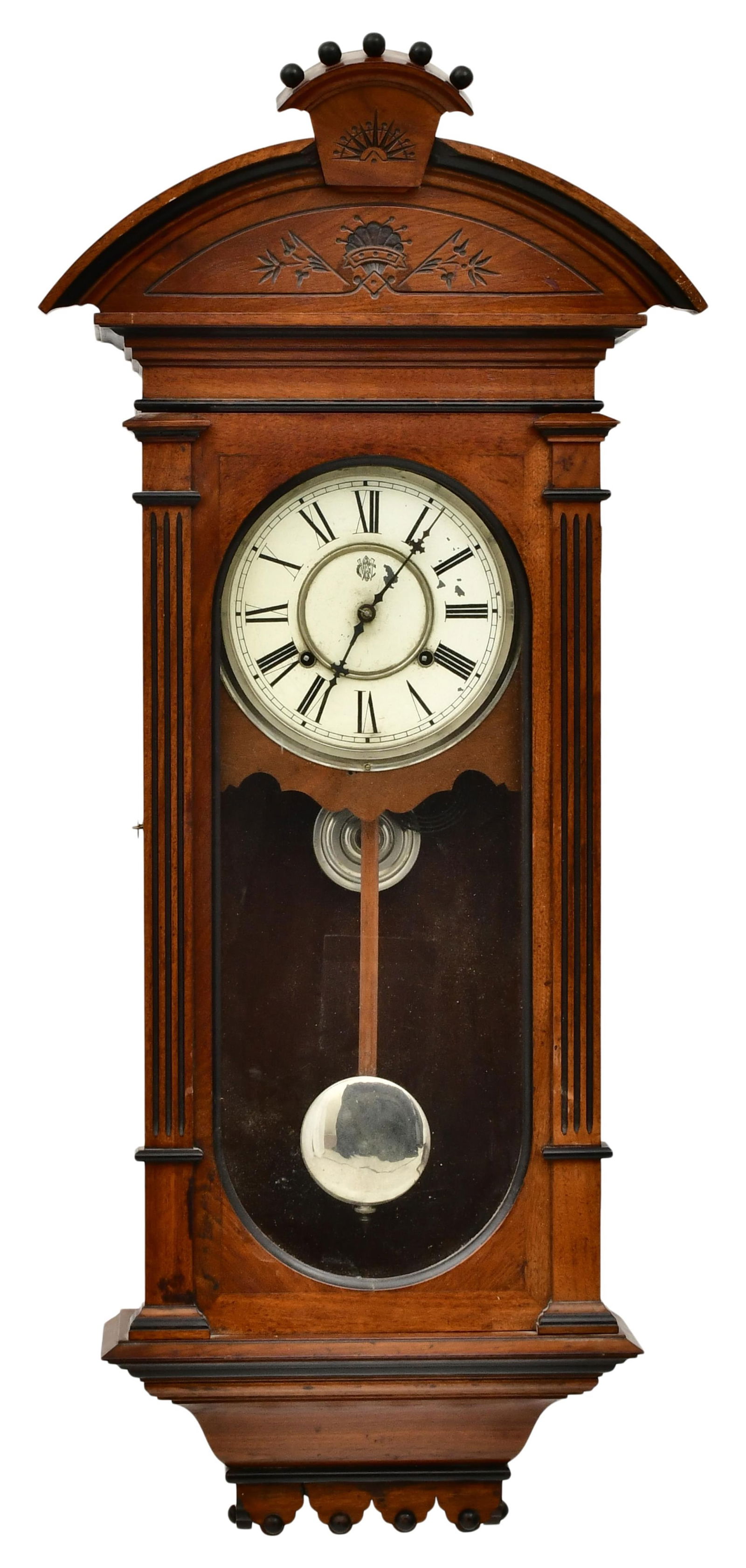 Waterbury Clock Co. "Ontario" Wall Clock: Waterbury Clock Co. "Ontario" Wall Clockcirca 1881walnut case with ebonized highlights, 8-day brass time and strike spring driven movement, signed on the movement and dial, partial label on