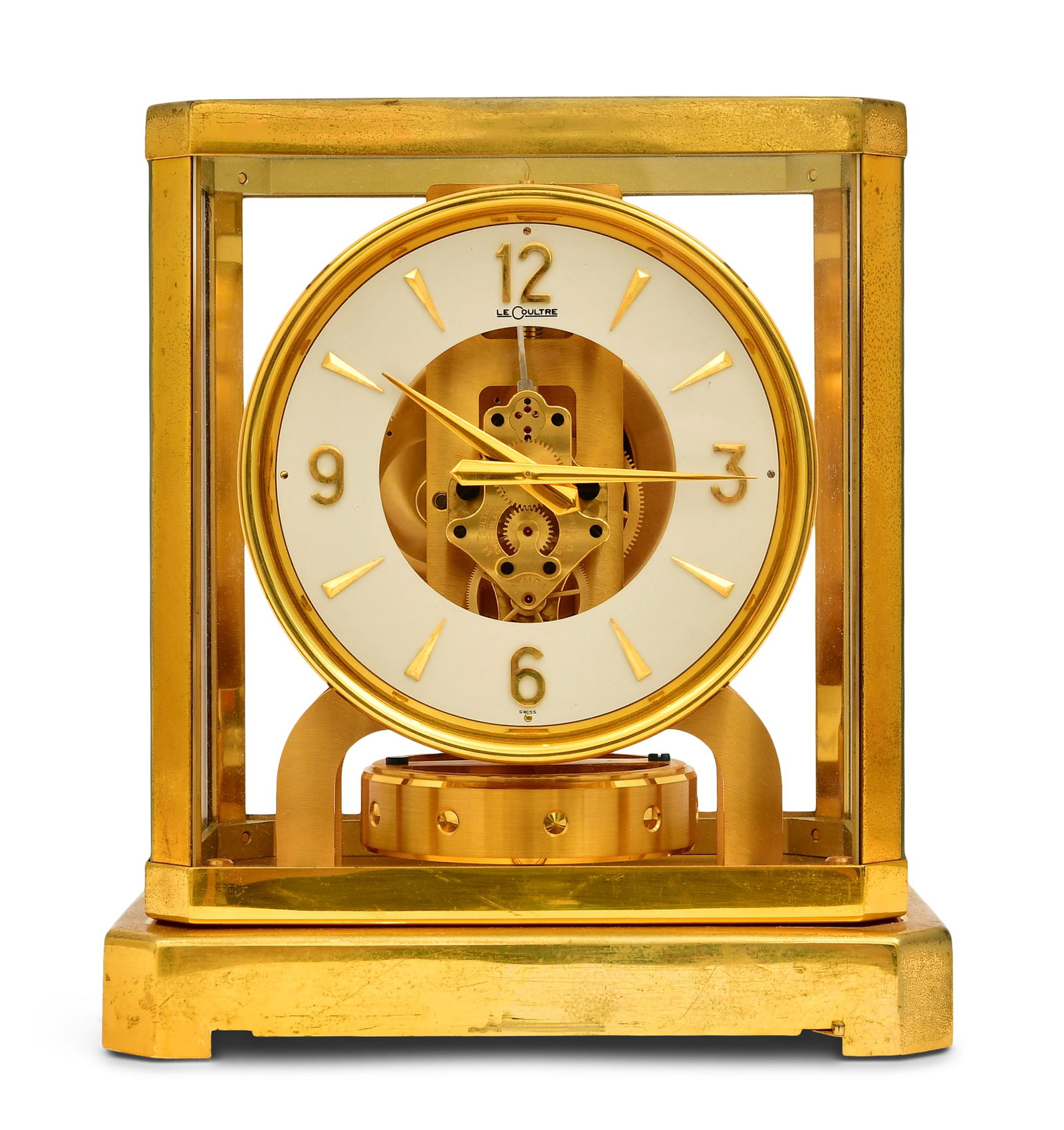 Jaeger-Lecoultre Atmos Clock, Caliber 519: Jaeger-Lecoultre Atmos Clock, Caliber 519circa 1950'sgold plated brass with glass panels, 15 jewel movement with atmospheric bellows winding motor, serial number 39698, movement and dial are signed &q