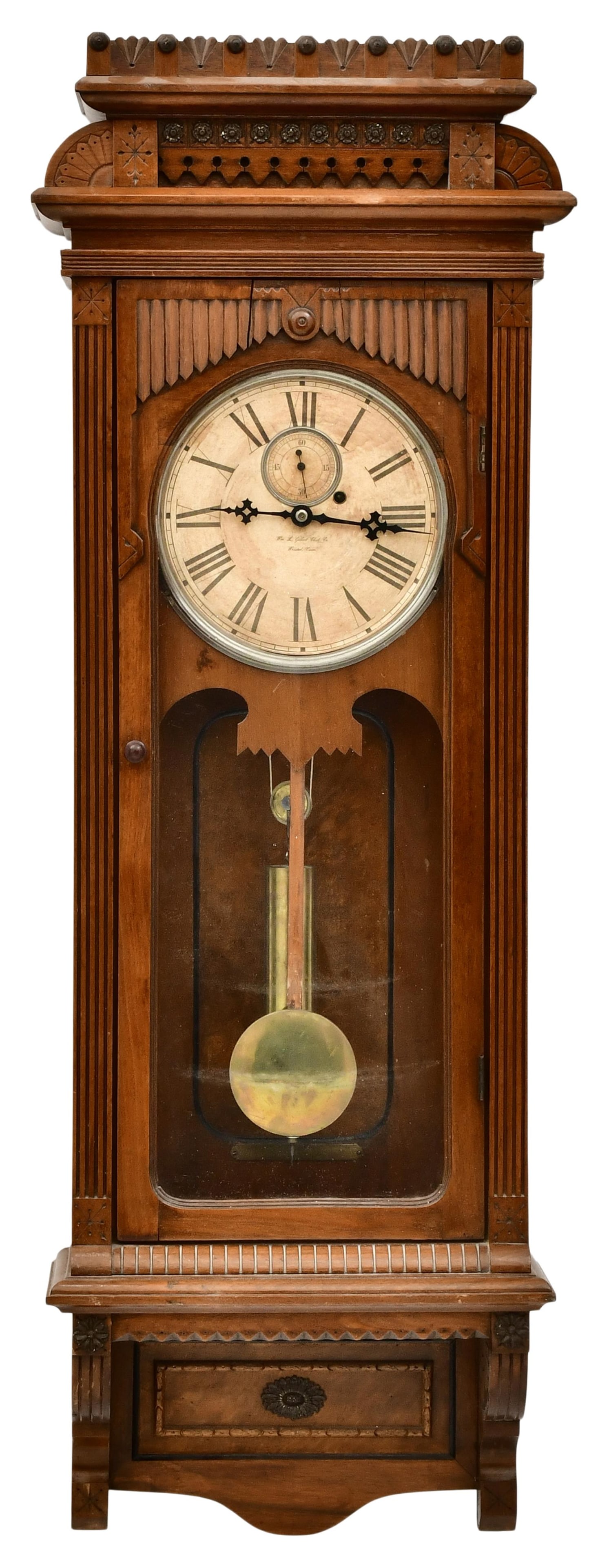 William L. Gilbert Clock Co. "Regulator No. 10" Wall Clock: William L. Gilbert Clock Co. "Regulator No. 10" Wall Clockcirca 1901walnut case, 8-day brass weight driven movement with deadbeat escapement and maintaining power, signed on the dial54 x 18
