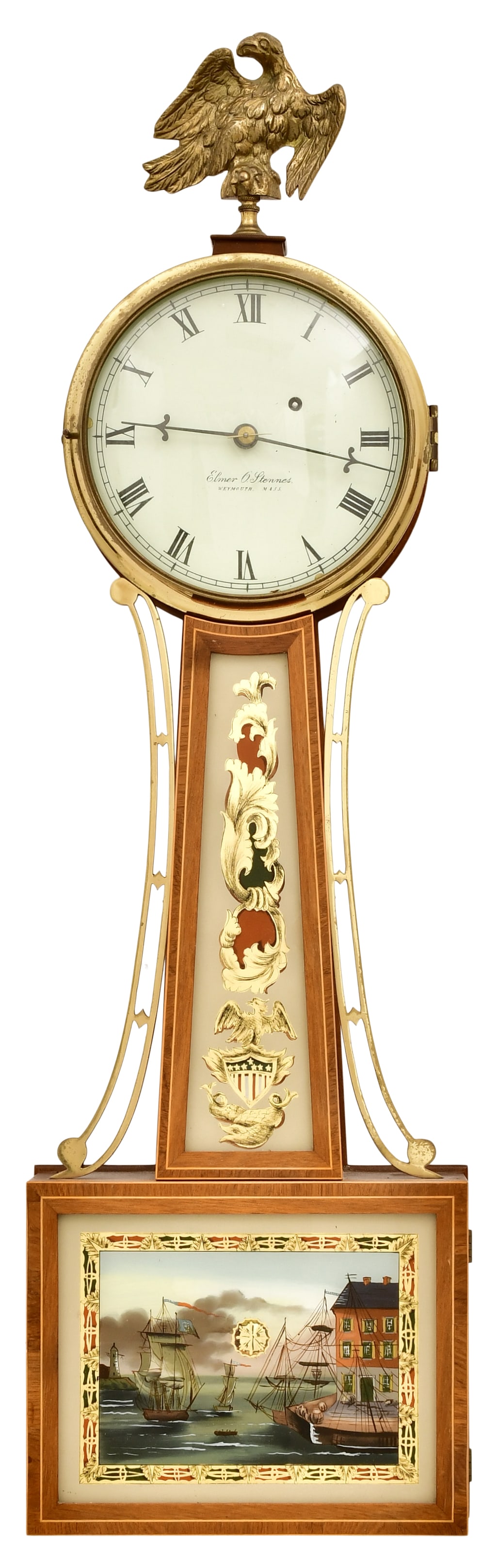 American Banjo Clock, Signed Elmer O. Stennes: American Banjo Clock, Signed Elmer O. Stennescirca 1975mahogany with cross-banded frames and reverse painted tablets, 8-day brass time only weight driven movement, spurious "Stennes" signatu