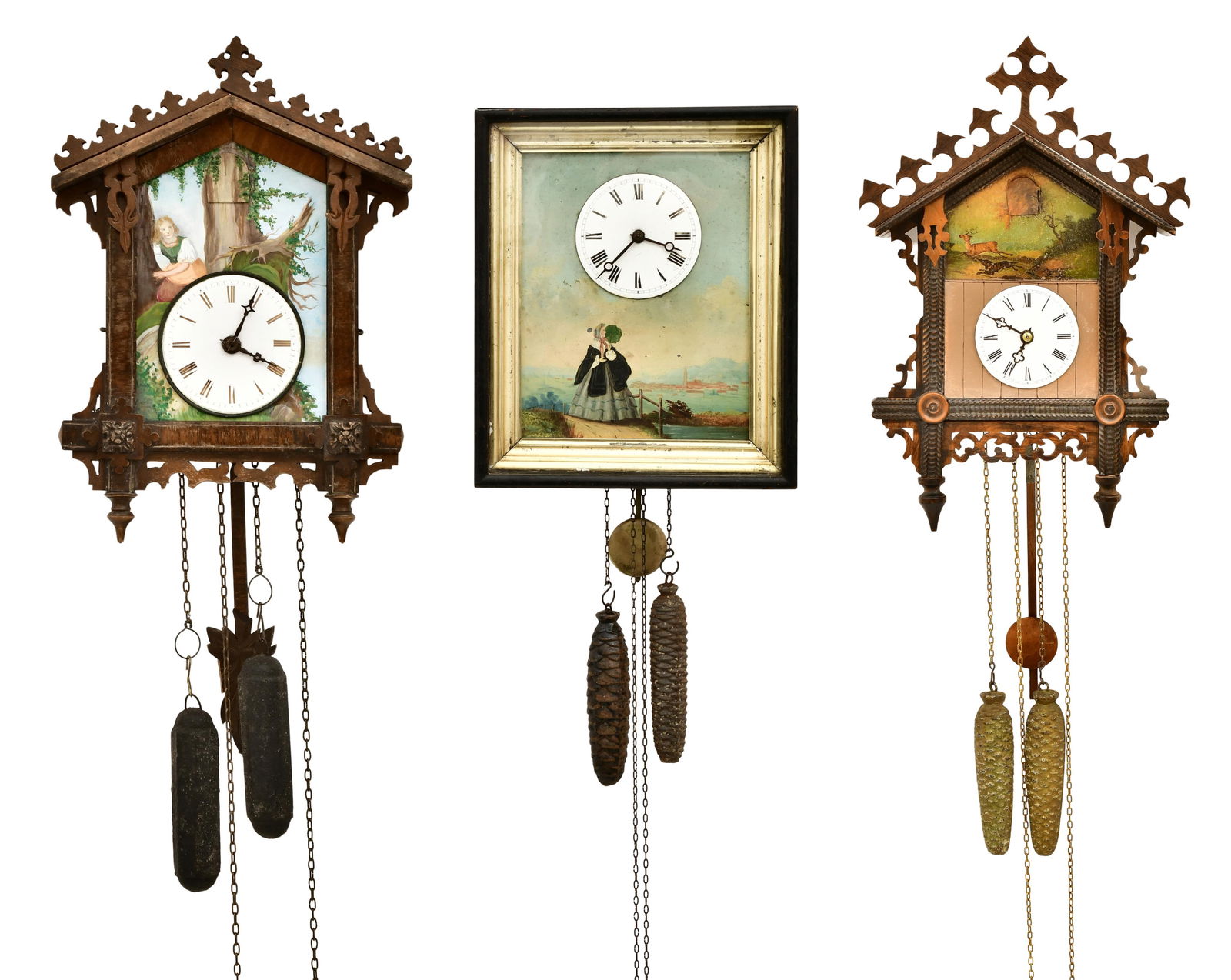 Lot of 3 Black Forest Painted Front Clocks, 2 Cuckoo (1 of 15)
