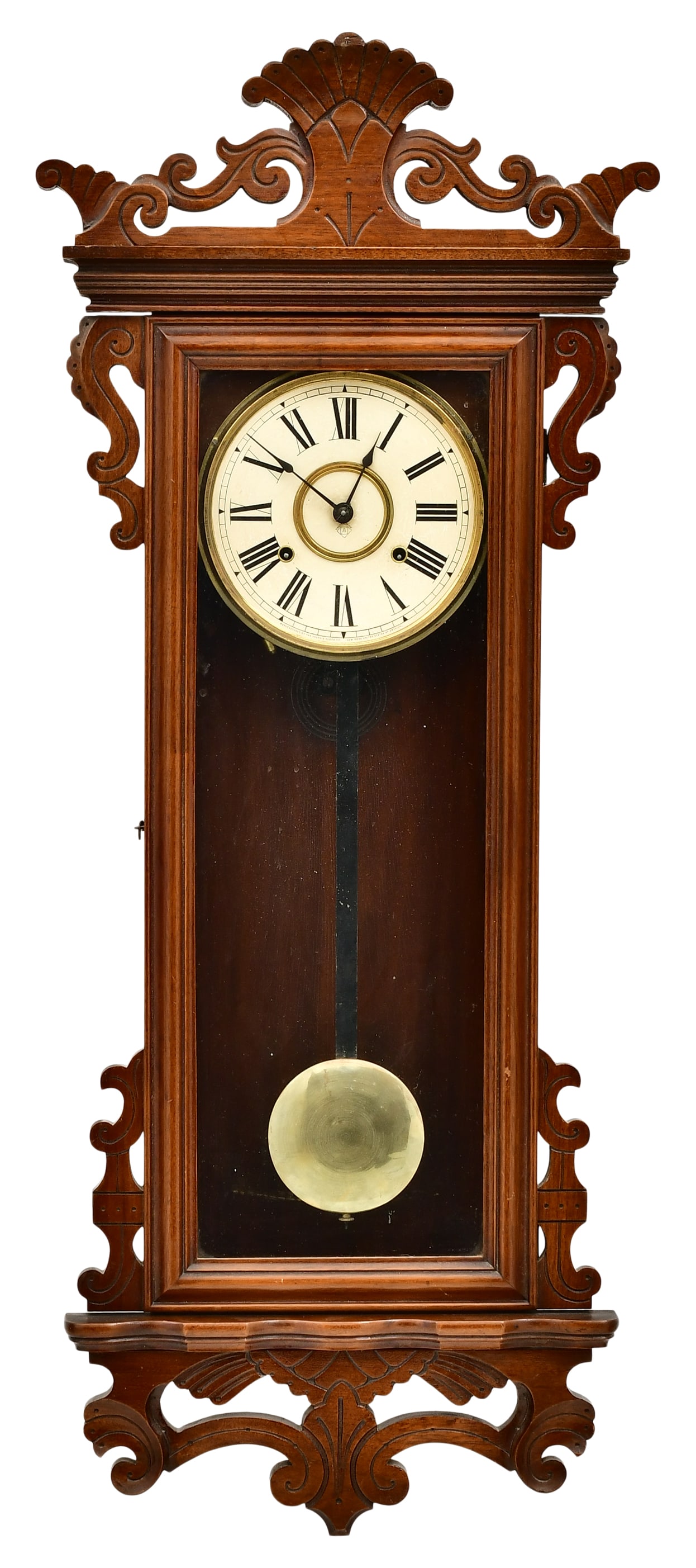 Ansonia Clock Co. "Queen Mary" Wall Clock: Ansonia Clock Co. "Queen Mary" Wall Clockcirca 1901walnut case, brass 8-day time and strike movement, signed on the movement42 x 17 x 5 inchesProvenance: Private Collection, Missouri