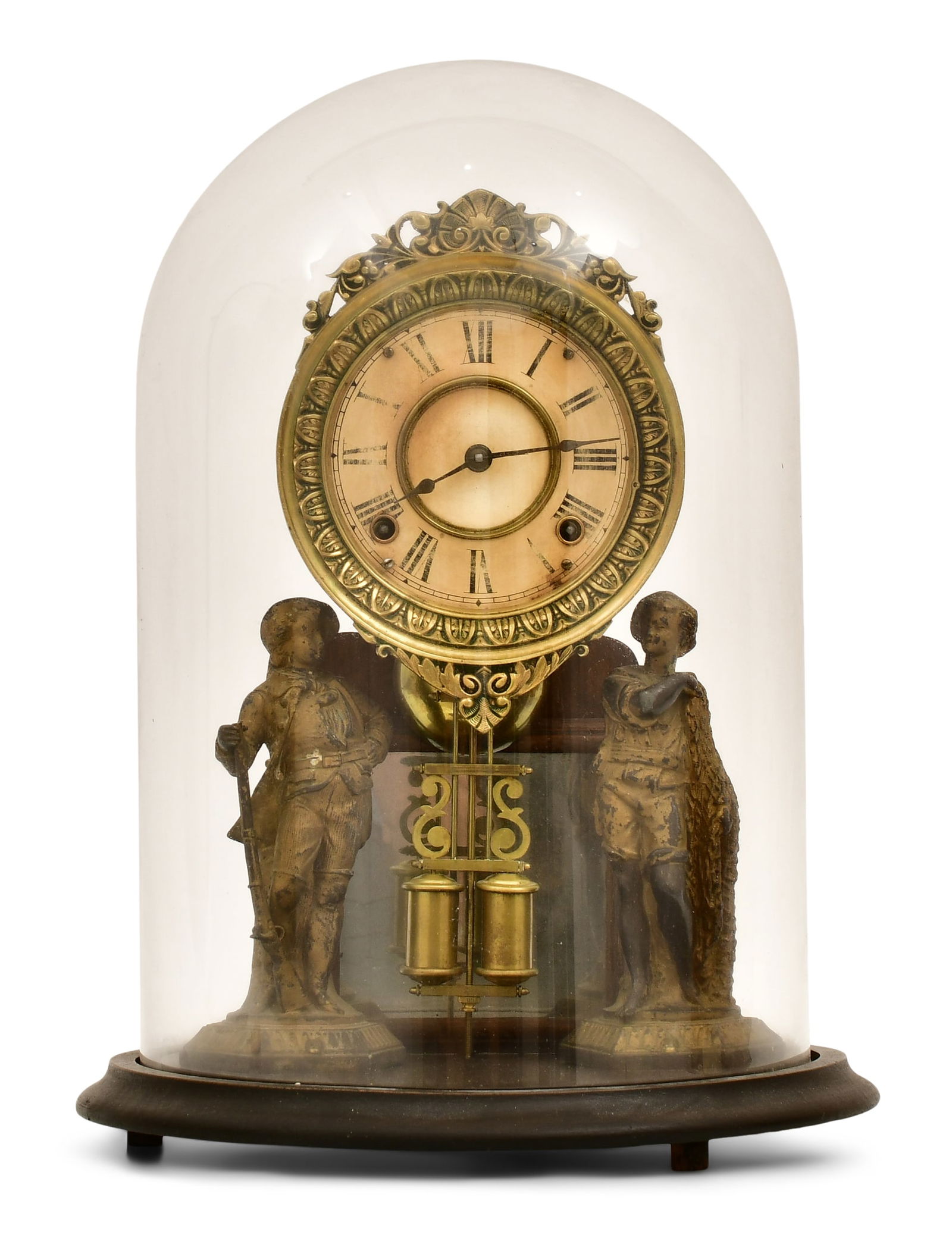 Ansonia Clock Co. "Crystal Palace No.1" Mantel Clock: Ansonia Clock Co. "Crystal Palace No.1" Mantel Clockcirca 1880round wooden base with glass domed top, white metal standing figures of a fisherman with net and soldier with rifle, brass 8-day