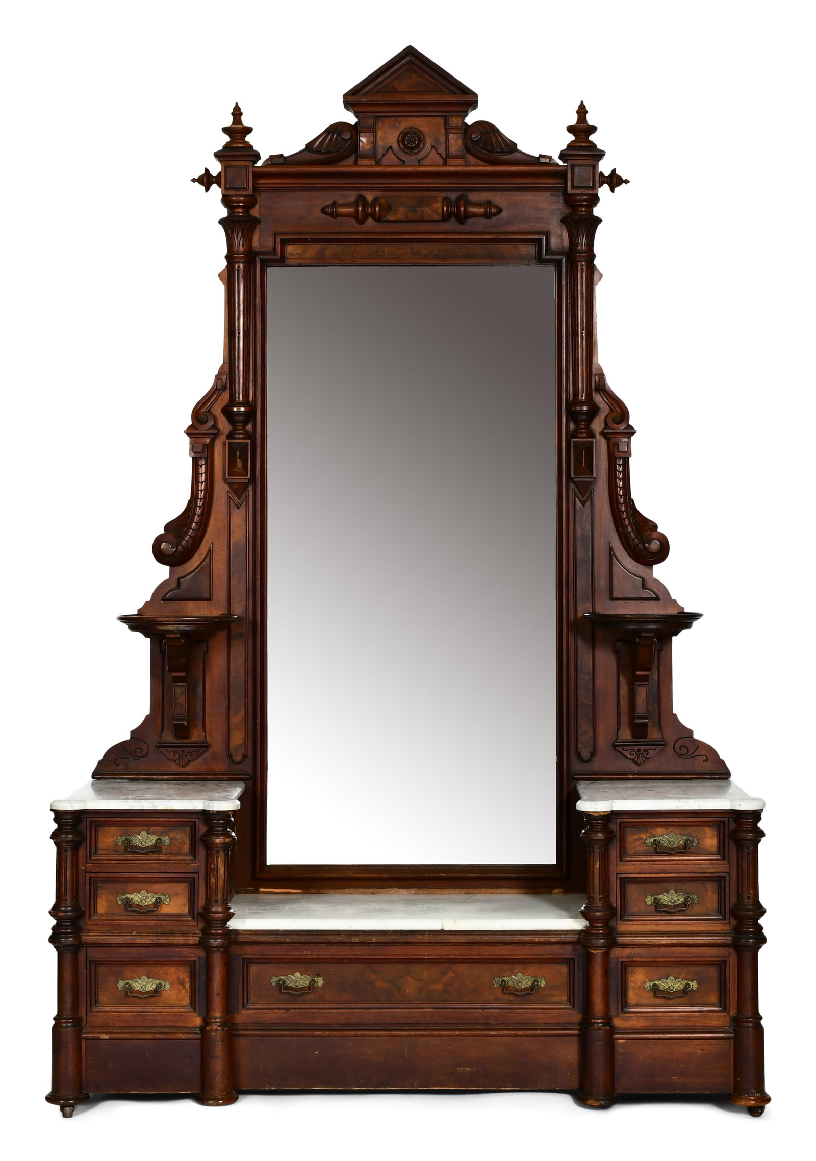 Renaissance Revival Walnut Dresser with Marble Top: Renaissance Revival Walnut Dresser with Marble Top circa 1875 decorated with raised burl walnut panels, incising and a pediment crest 102 x 64 x 20 1/2 inches