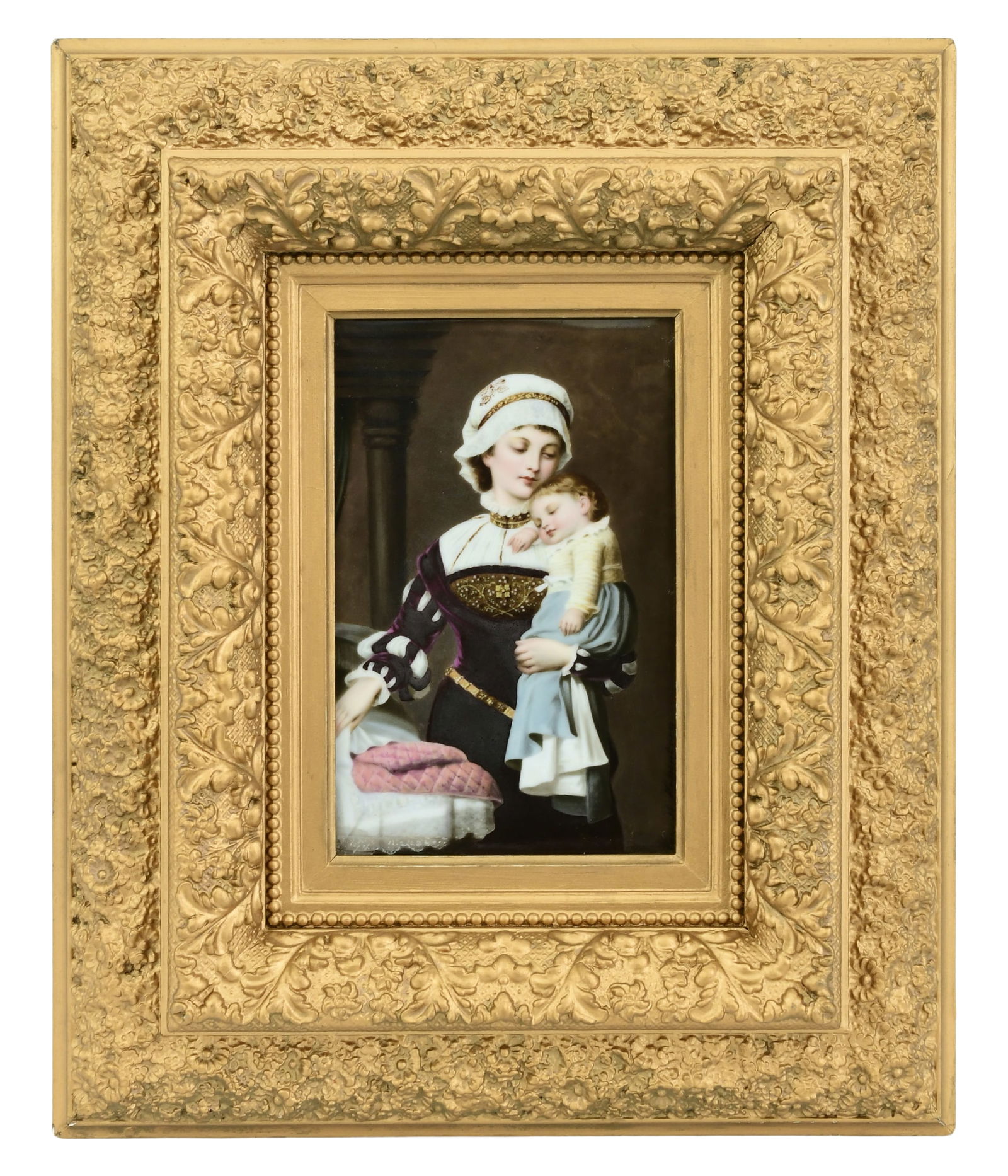 Berlin (K.P.M.) Porcelain Plaque of a Woman & Child: Berlin (K.P.M.) Porcelain Plaque of a Woman & Childlate 19th centuryimpressed "K.P.M." with scepter mark and artist signed17 x 14 inches (frame)8 5/8 x 5 5/8 inches (plaque)Provenance: Priva