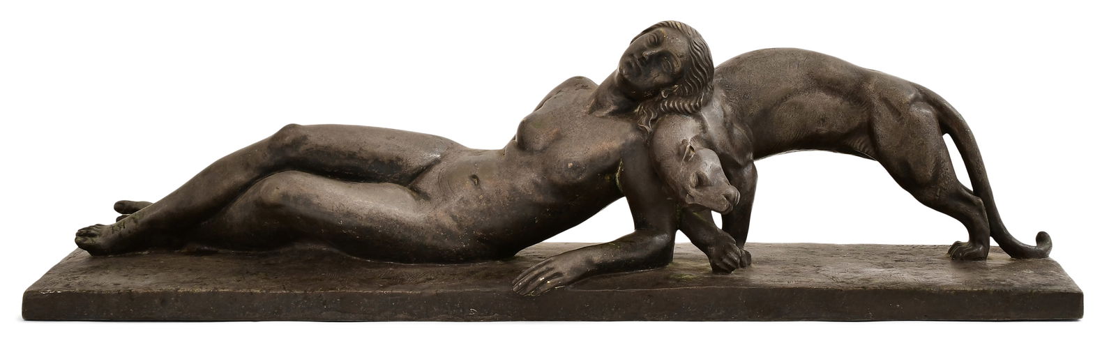 Paul Silvestre (French, 1884-1976), Reclining Nude Female with Panther, Bronze Sculpture: Paul Silvestre(French, 1884-1976)Reclining Nude Female with Pantherbronze sculpturesigned "P. Silvestre," further marked "Cire Perdue / Susse Freres" and numbered 2/6"11 x 39
