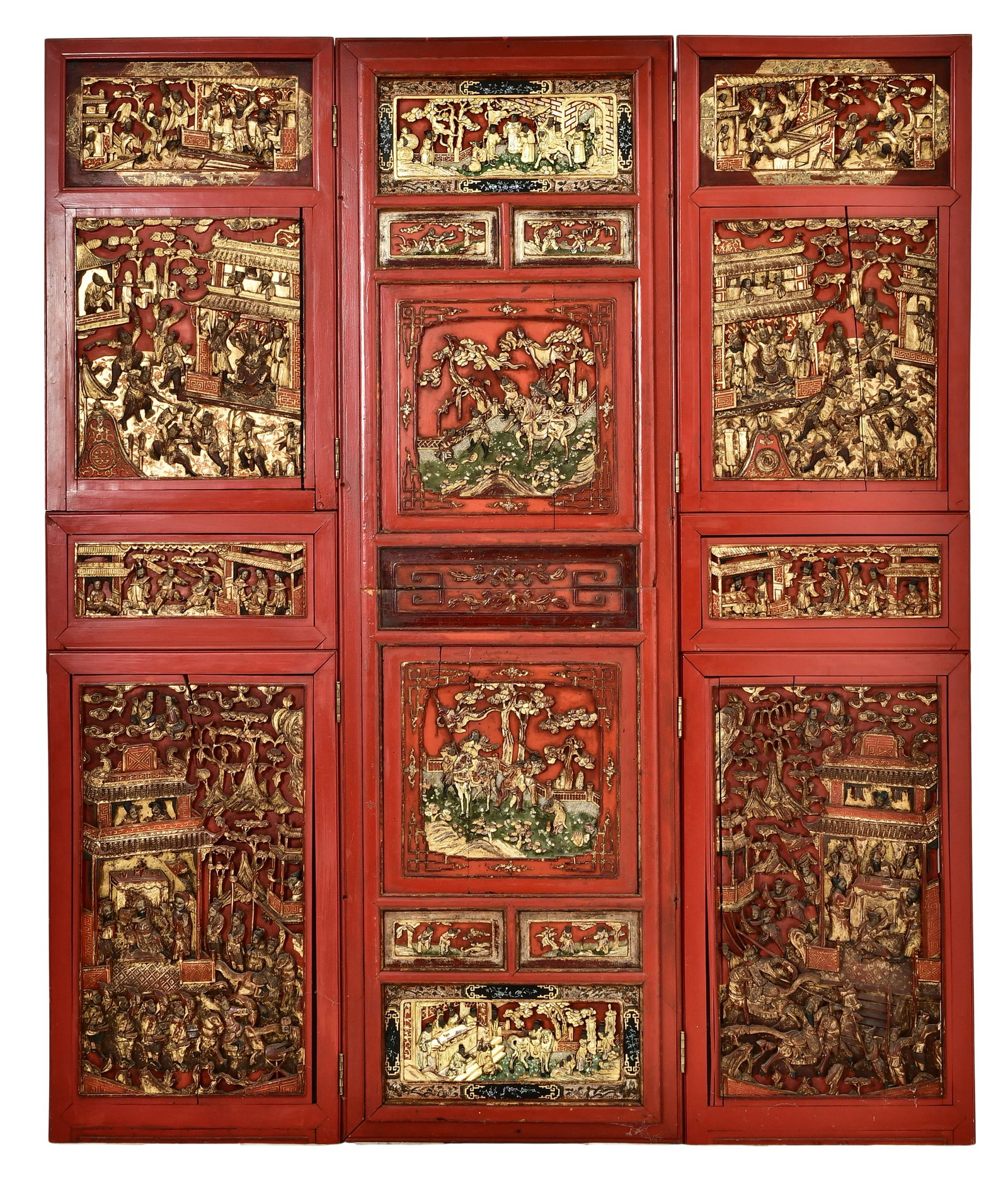 19th Century Chinese Carved, Painted & Gilt Three-Panel Screen (1 of 9)
