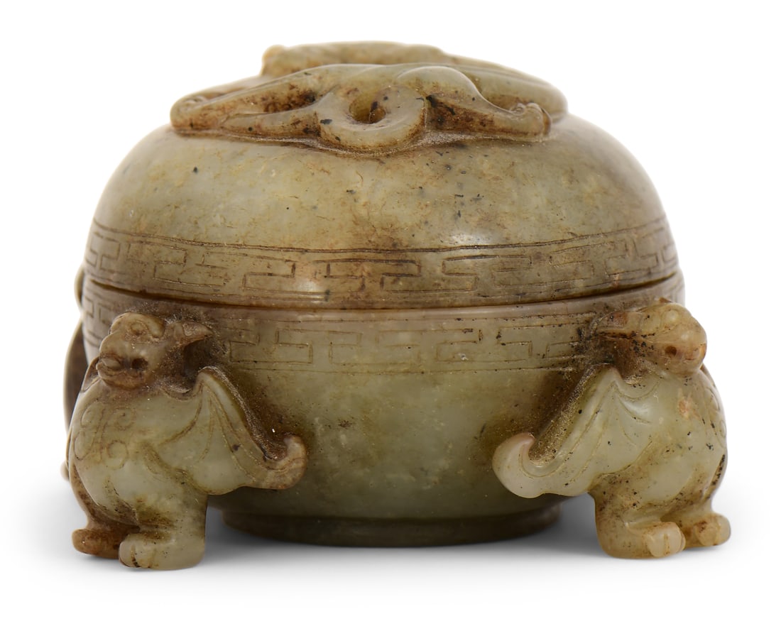 Chinese Ming Dynasty Lidded Celadon Jade Jar with Bats (1 of 6)