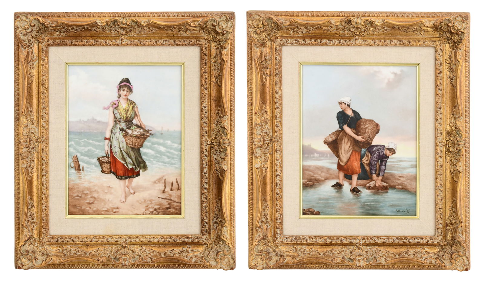 Two Continental Hand-Painted Porcelain Plaques of Women Gathering Fish (1 of 10)
