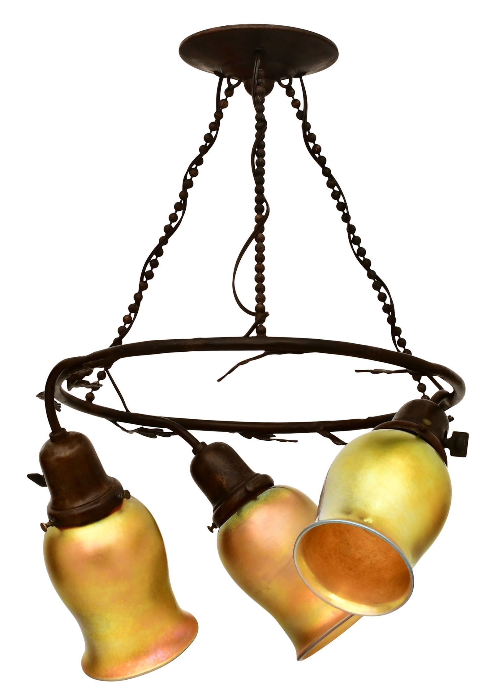 American Patinated Metal & Art Glass Three-Light Chandelier (1 of 6)