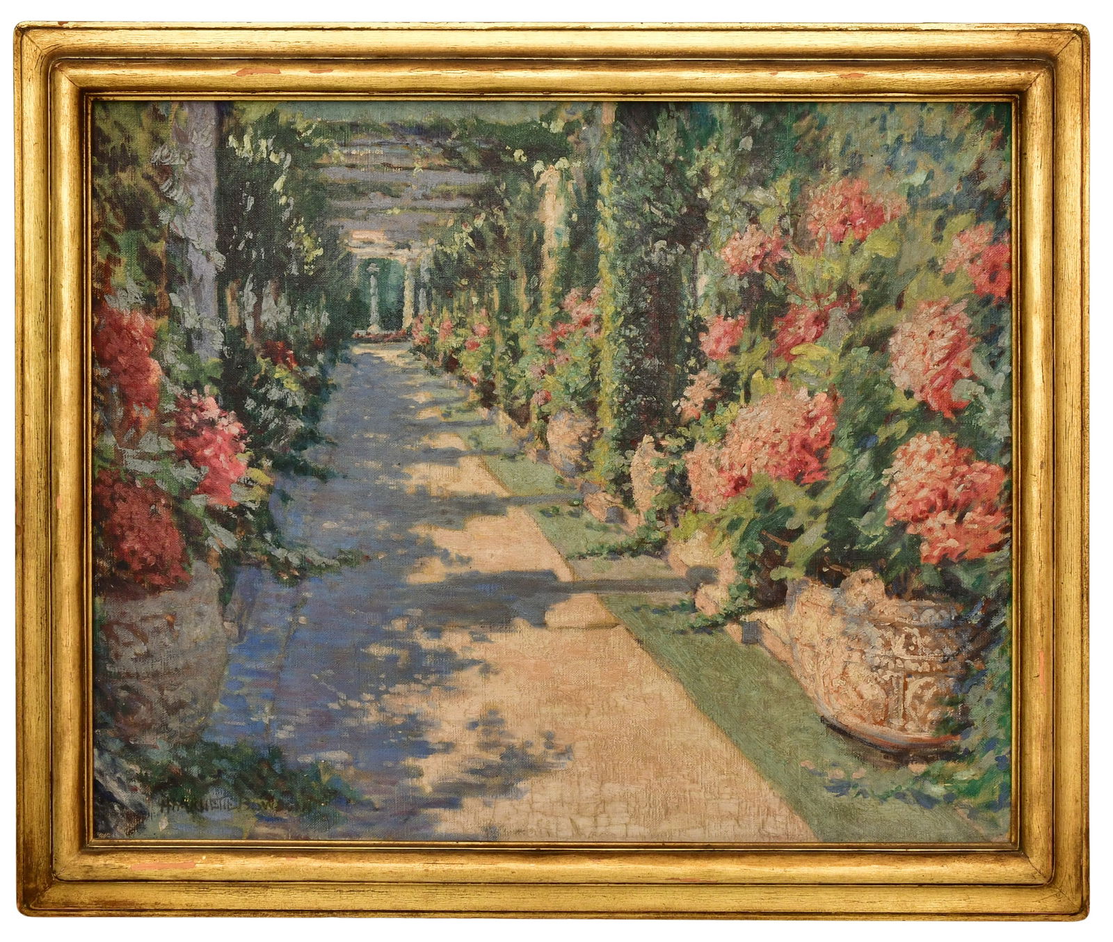 Harriette Bowdoin (American, 1880-1947), Hydrangeas Under Pergola: Harriette Bowdoin(American, 1880-1947)Hydrangeas Under Pergolaoil on canvassigned "Harriette Bowdoin" (lower left)21 x 26 1/4 inches (sight)26 x 31 inches (frame)