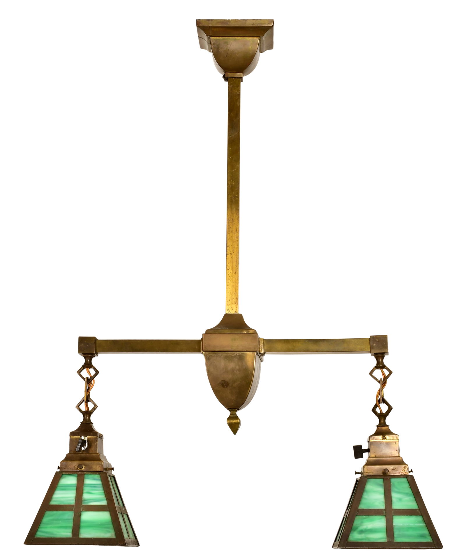 American Arts & Crafts Slag Glass & Brass Two-Light Chandelier (1 of 7)