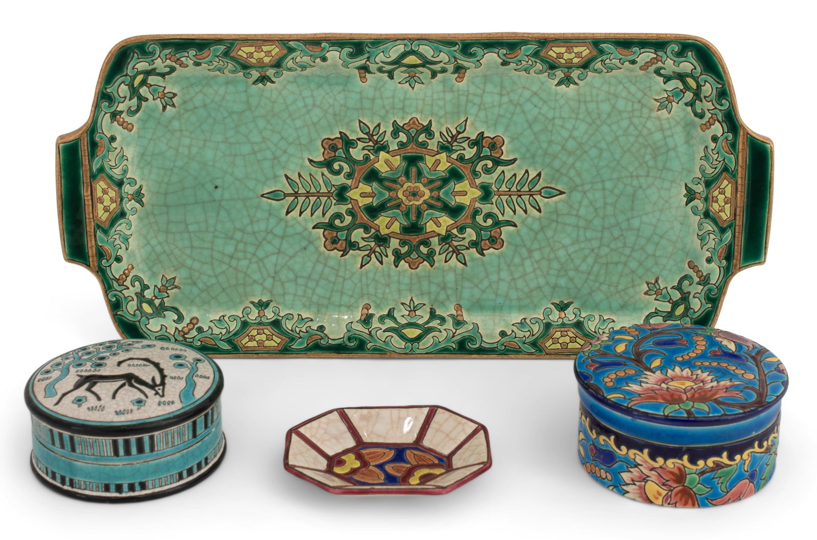 Longwy Pottery, Two Covered Boxes, Plate and Tray (1 of 7)