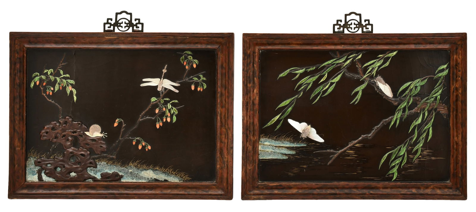 Pair of Chinese Carved Sandalwood & Gem-Inlaid Wall Plaques (1 of 7)