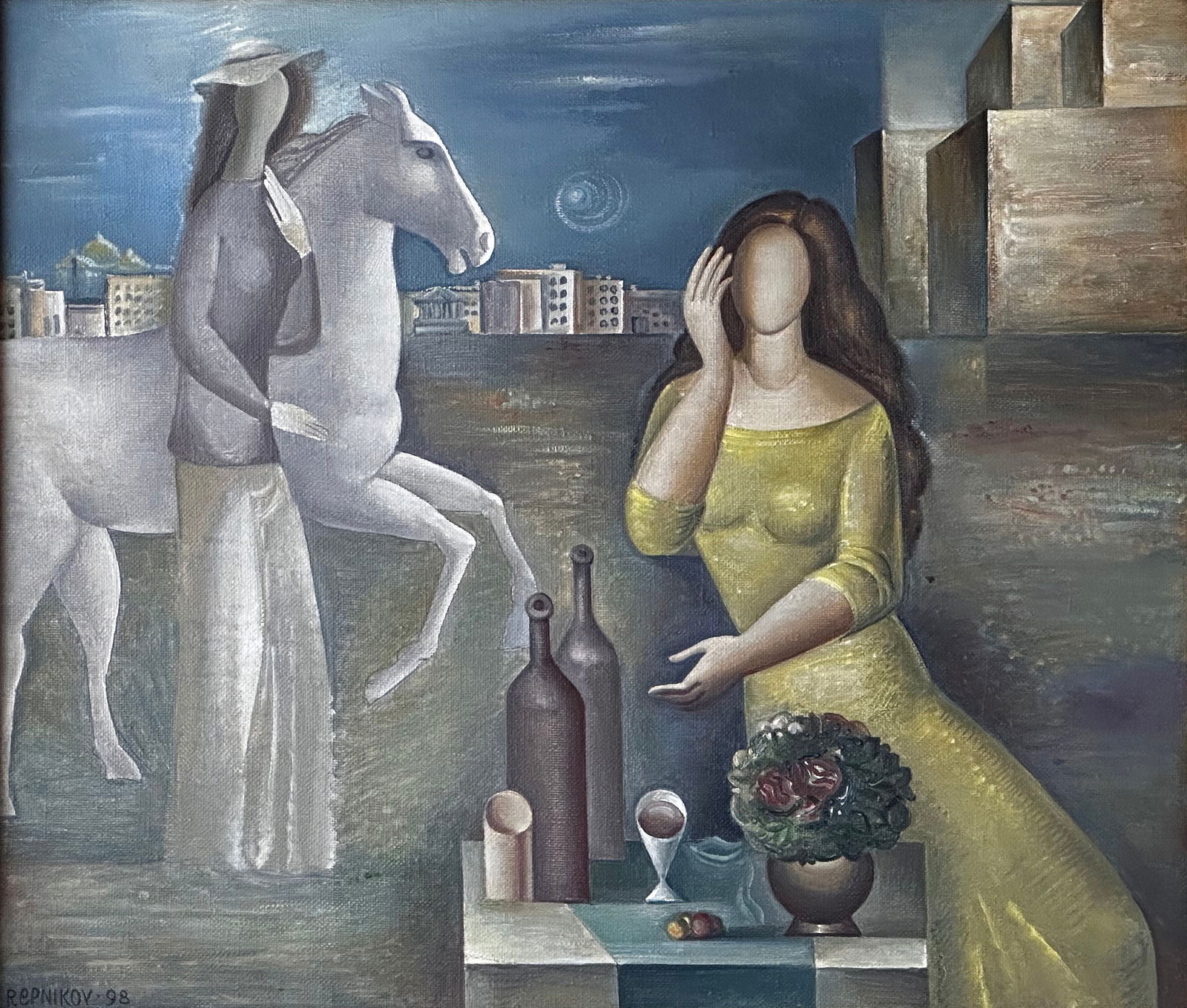 Anatoliy Repnikov (Russian, 20th Century), Surrealism Style with Two Woman and a Horse (1 of 3)