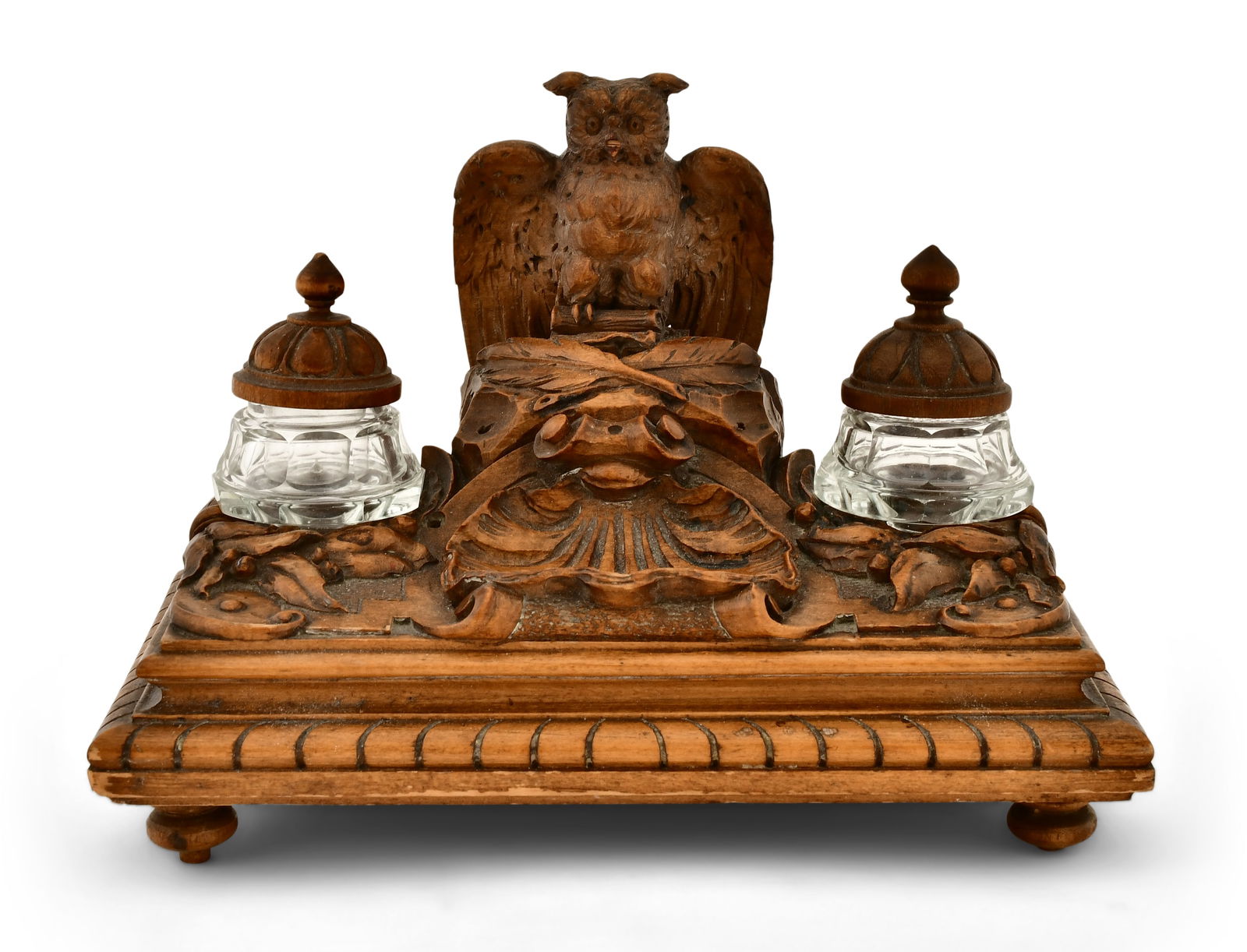 Black Forest Carved Wood Inkstand with Owl (1 of 5)