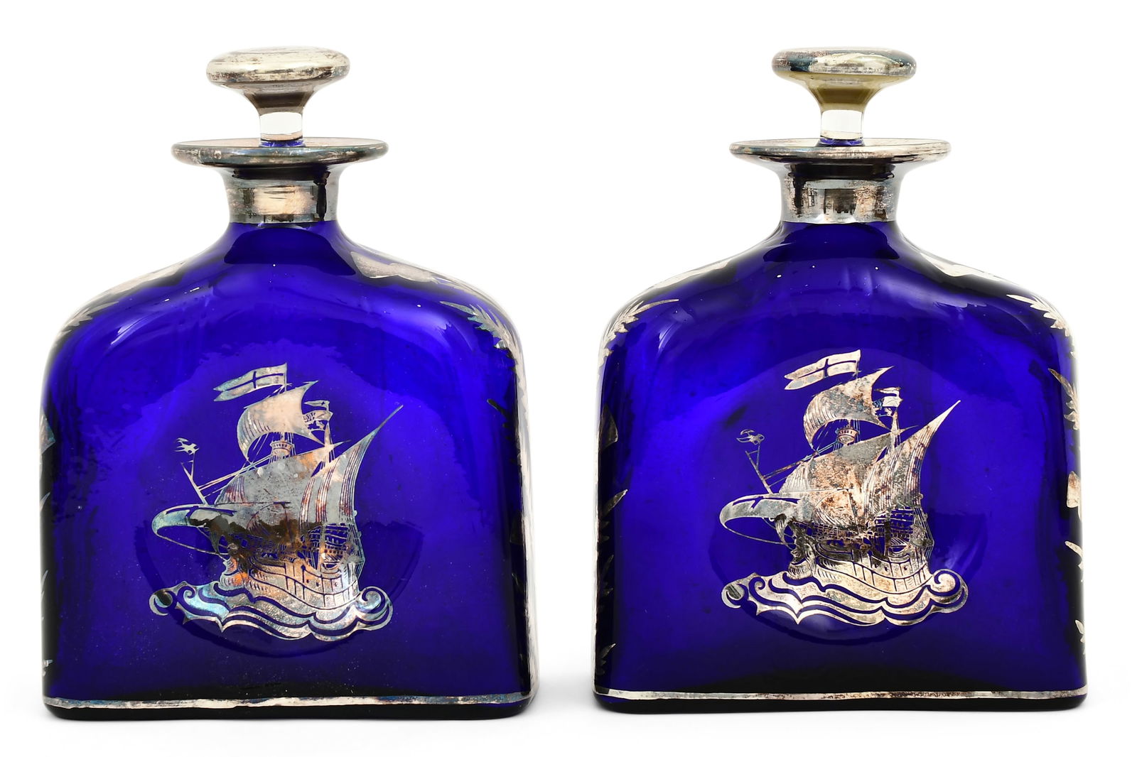 Pair of American Silver Overlay Cobalt Glass Decanters (1 of 5)