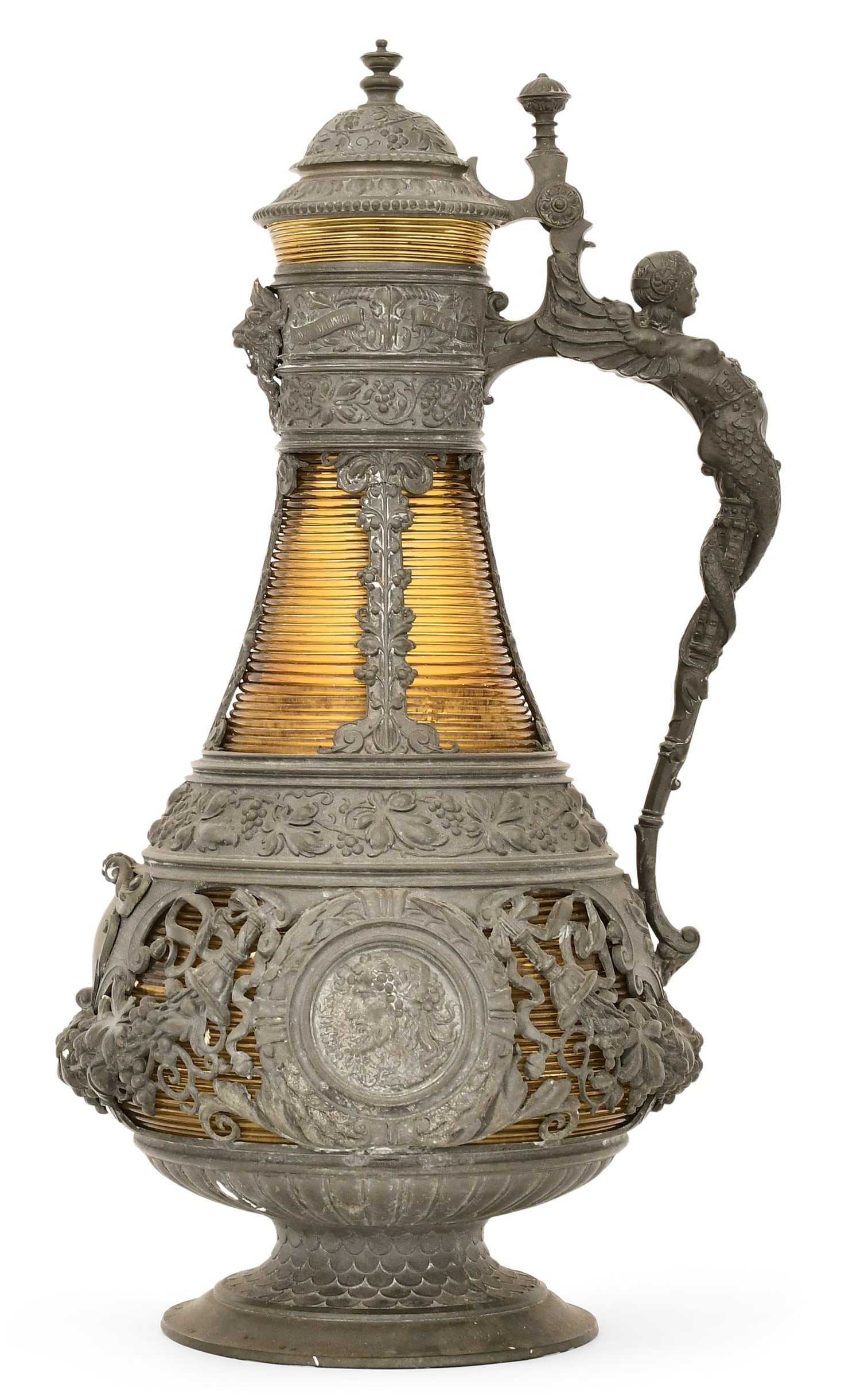 Victorian Pewter-Mounted Glass Figural Claret Jug: Victorian Pewter-Mounted Glass Figural Claret Jug 19th century 14 1/2 x 8 x 7 inches