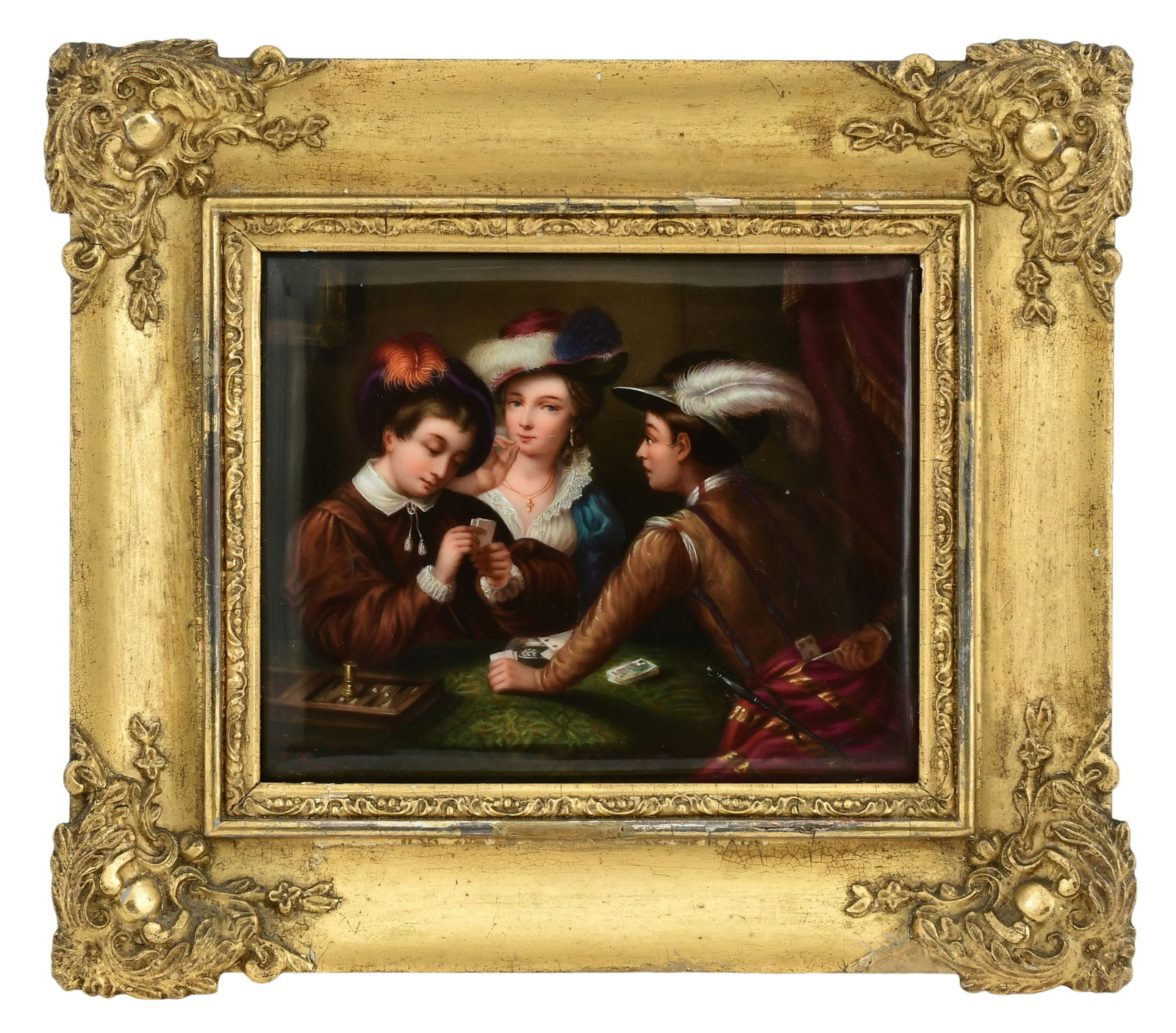 Continental Hand-Painted Porcelain Plaque of Figures Playing Cards (1 of 4)