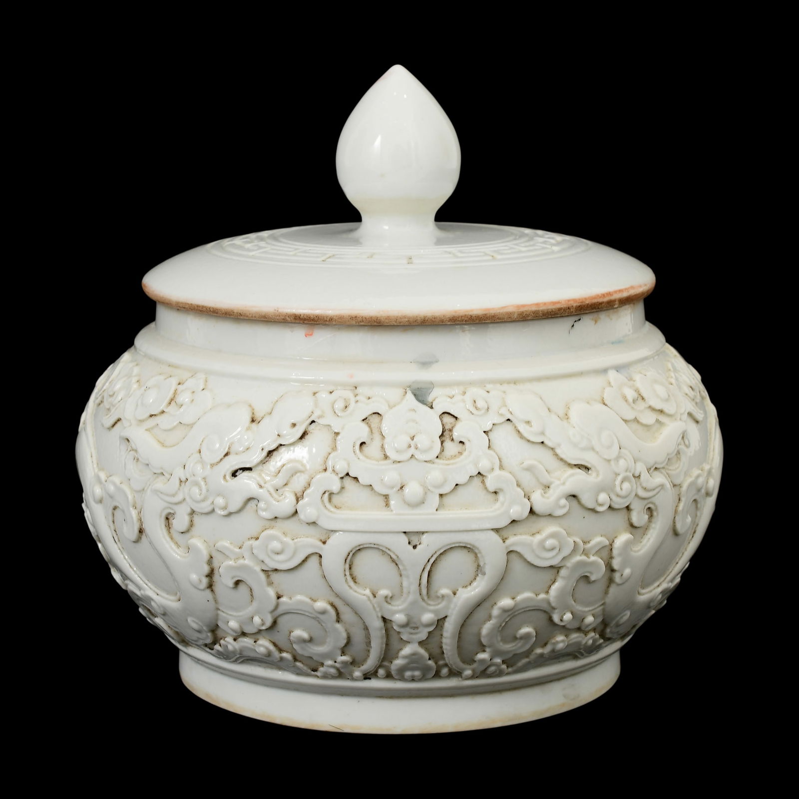 Chinese Qing Dynasty Carved White Porcelain Lidded Dragon Jar (1 of 4)
