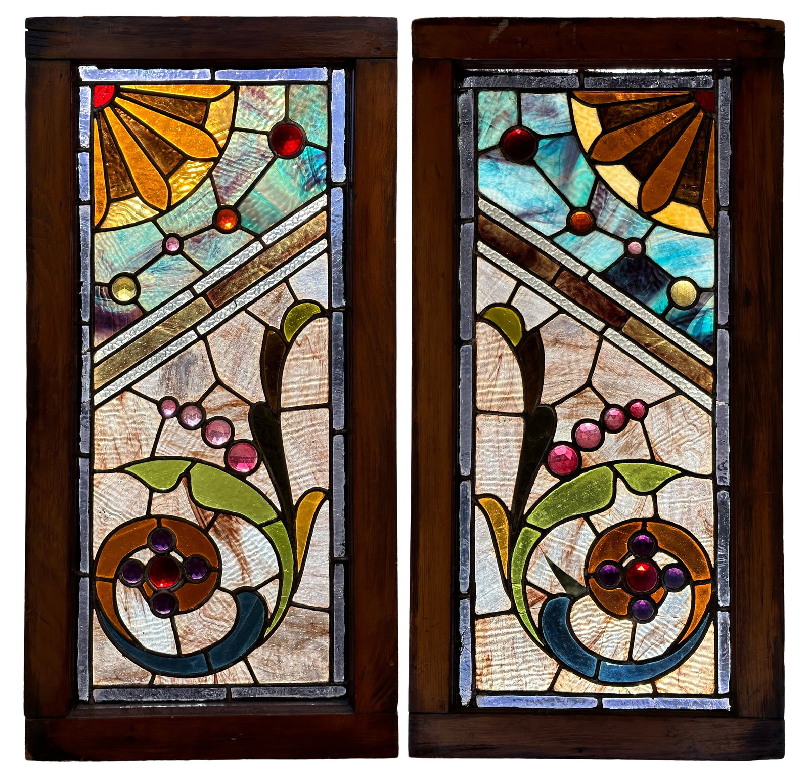 Pair of American Jeweled & Leaded Glass Windows: Pair of American Jeweled & Leaded Glass Windows early 20th century 31 1/2 x 16 inches Provenance: Private Collection, Nebraska