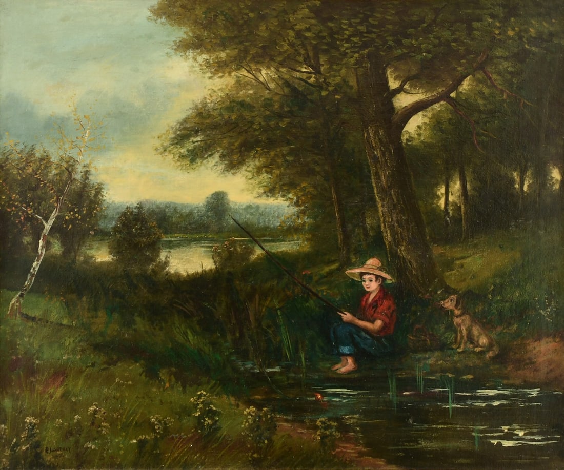 Landscape with a Boy & Dog Fishing, Oil on Canvas: Landscape with a Boy & Dog Fishing, Oil on Canvas 20th century 24 1/2 x 29 1/2 inches (sight) 36 x 41 inches (frame) Provenance: Private Collection, Florida