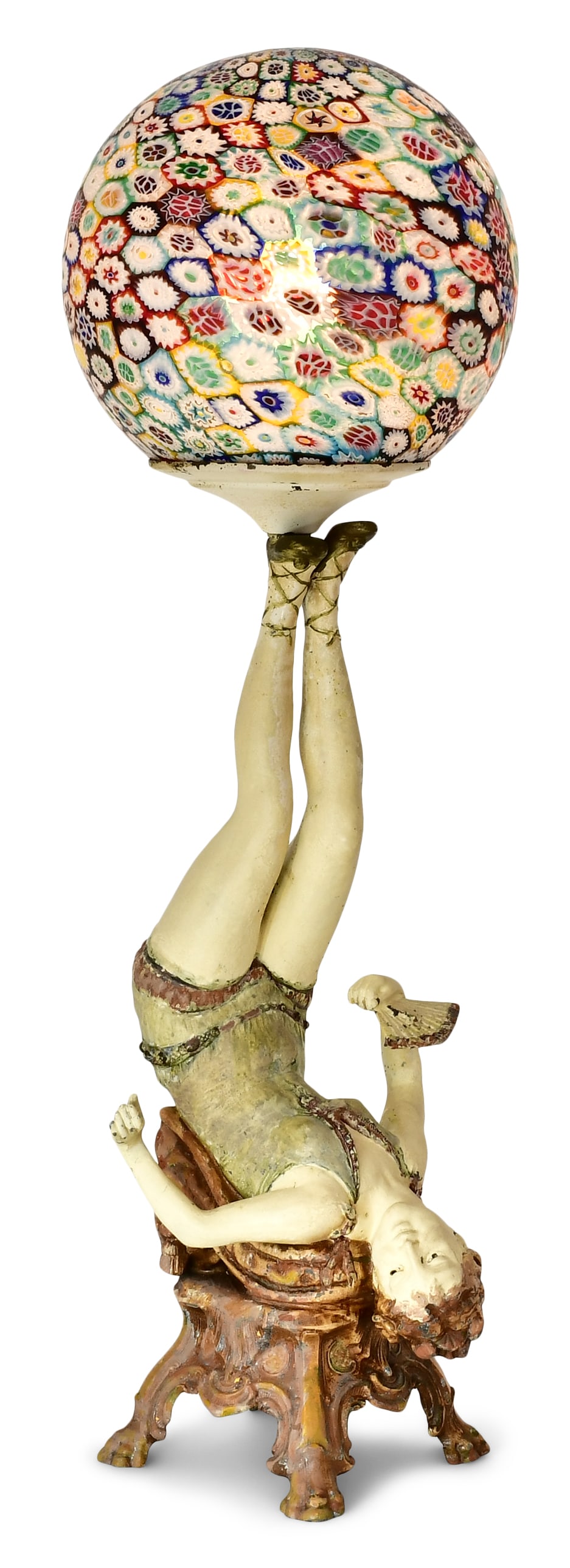 Early 20th century Painted Metal Flapper Girl Lamp with Millefiori Glass Shade (1 of 6)