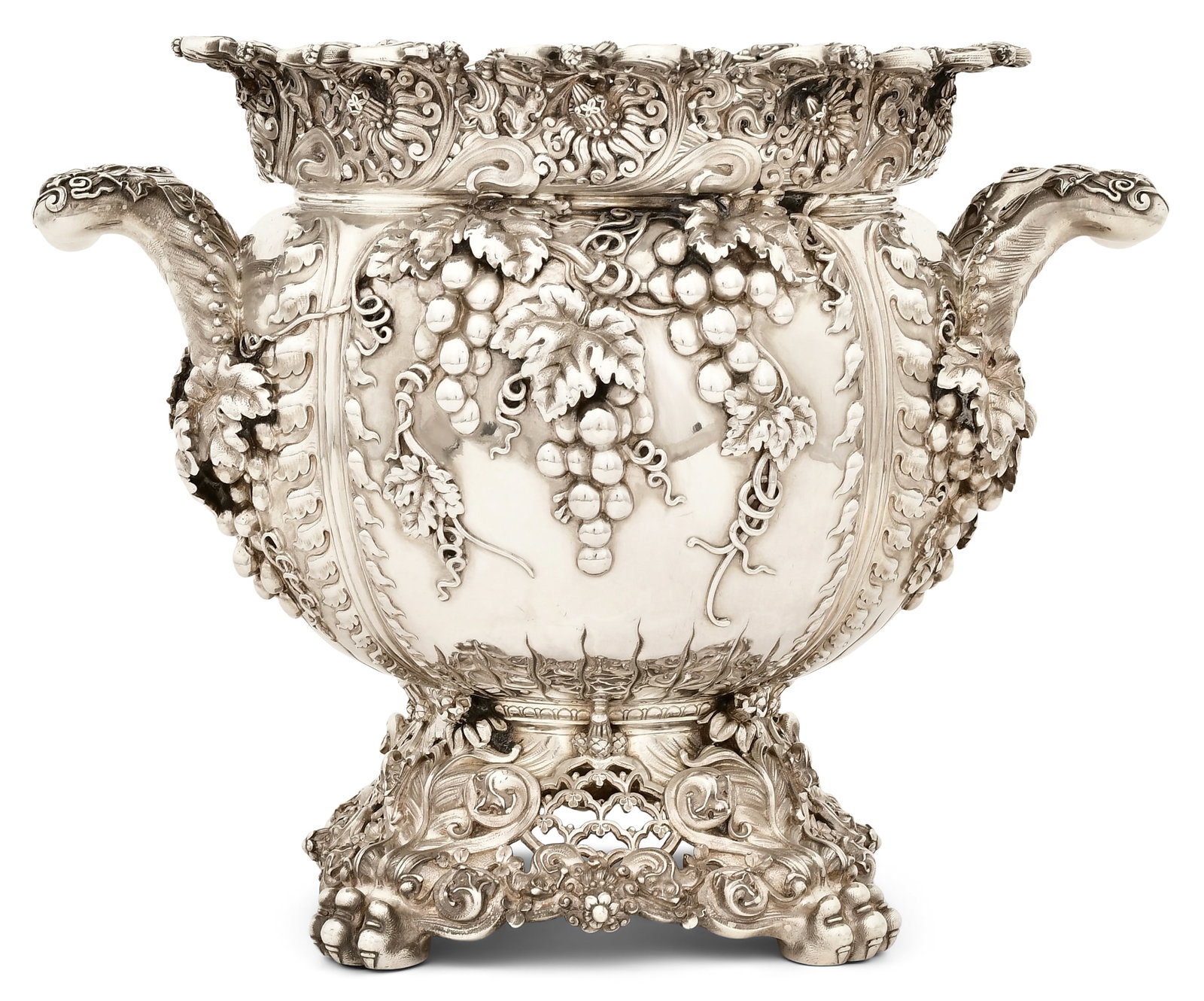Tiffany & Co. Sterling Silver "Grapevine" Wine Cooler, Design Attributed to Charles Grosjean: Tiffany & Co. (New York, est. 1837) The Design Attributed to Charles Grosjean "Grapevine" Wine Cooler circa 1886 sterling silver marked "Tiffany & Co. / Sterling Silver / 8145 / 4728 / M" 9 1/4 x 11 3