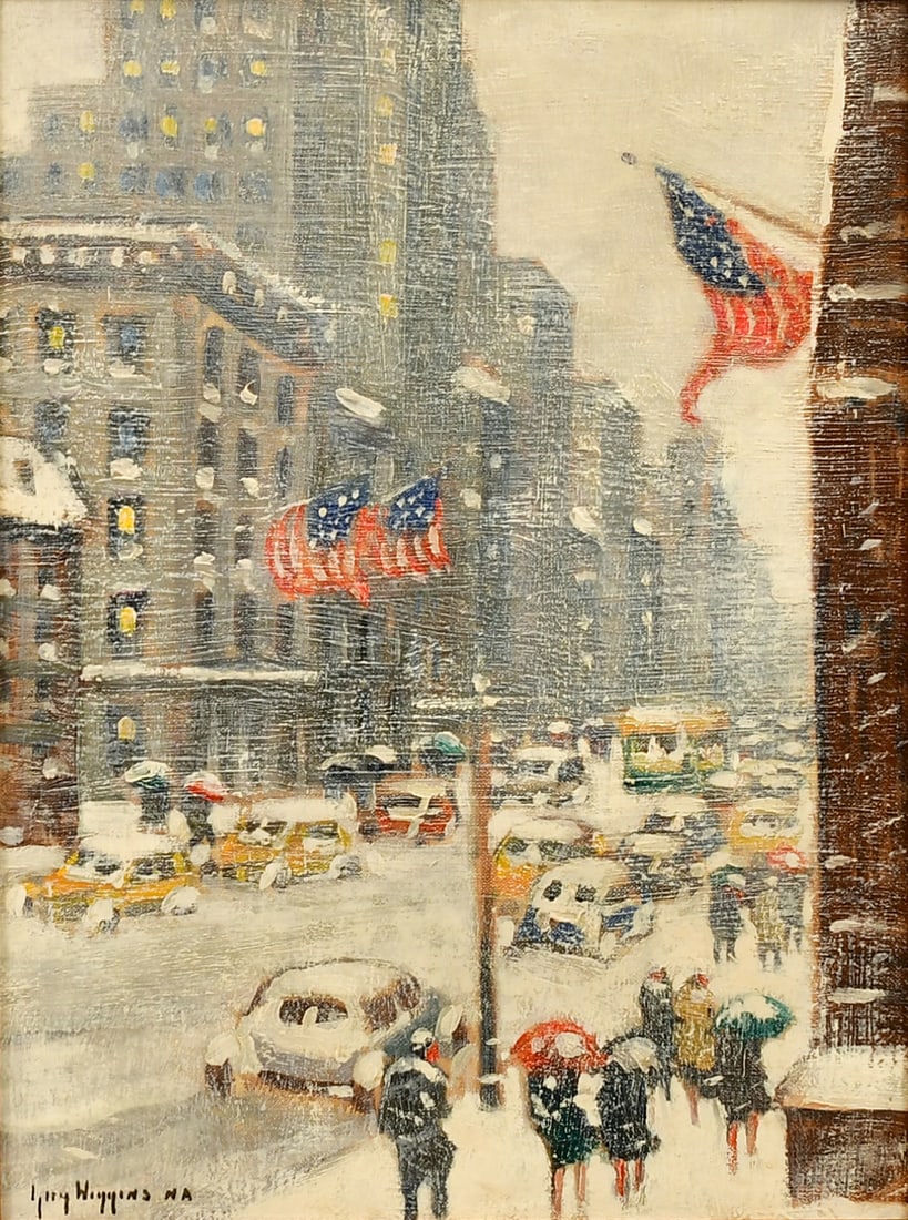 Guy Carleton Wiggins (American, 1883-1962), "Fifth Avenue Blizzard": Property from The Collection of Elizabeth FoxGuy Carleton Wiggins(American, 1883-1962)"Fifth Avenue Blizzard"oil on boardsigned "Guy Wiggins, NA" (lower left); and with Lyme Art Association label (ver