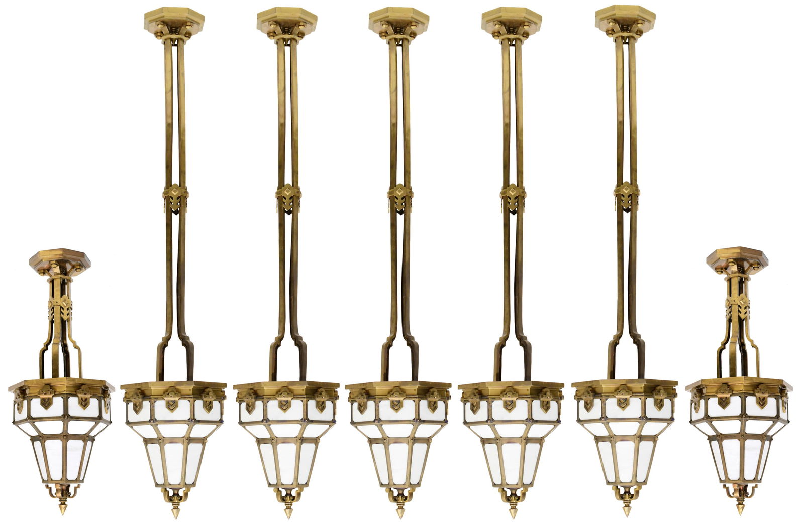 Seven Art Deco Gilt Bronze & Glass Pendant Lights (1 of 15)