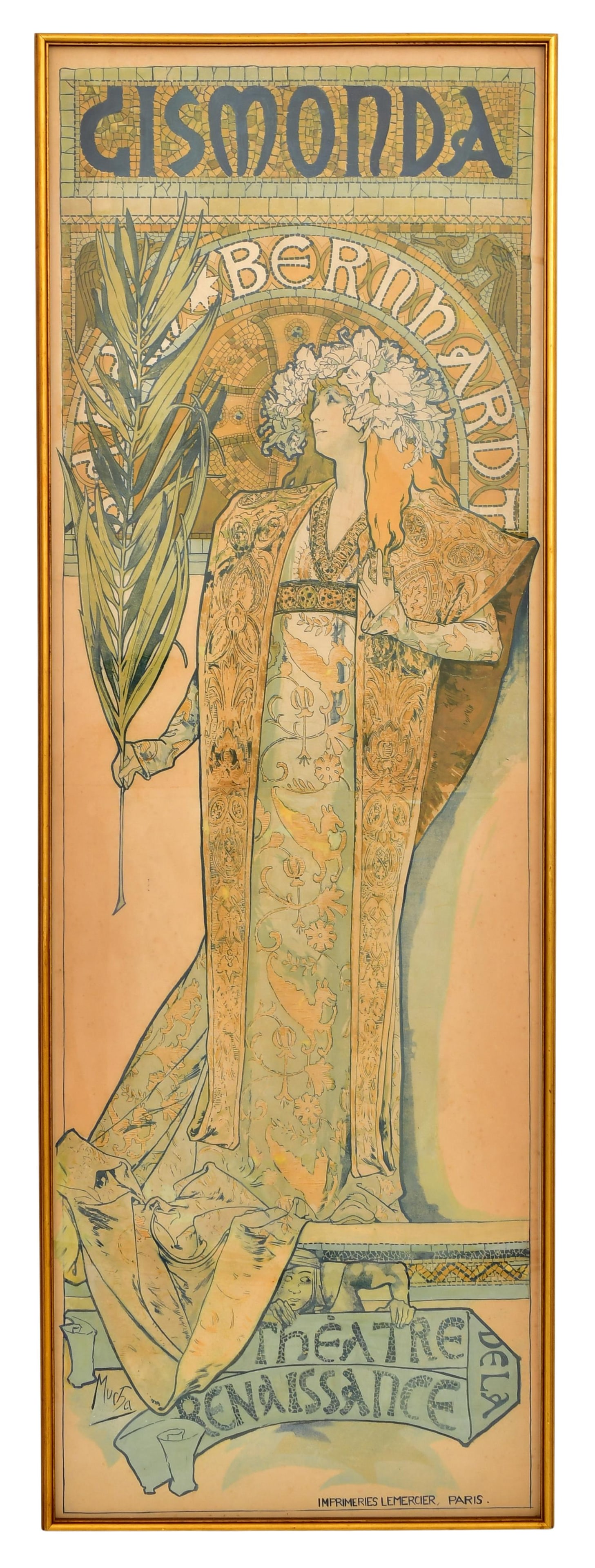 Alphonse Mucha (Czech, 1860-1939), "Gismonda": Alphonse Mucha(Czech, 1860-1939)"Gismonda"color lithographsigned "Mucha" within the plate (lower left)87 x 29 1/2 inchesThis lithograph was created in 1895 to announce production of the play "Gismonda