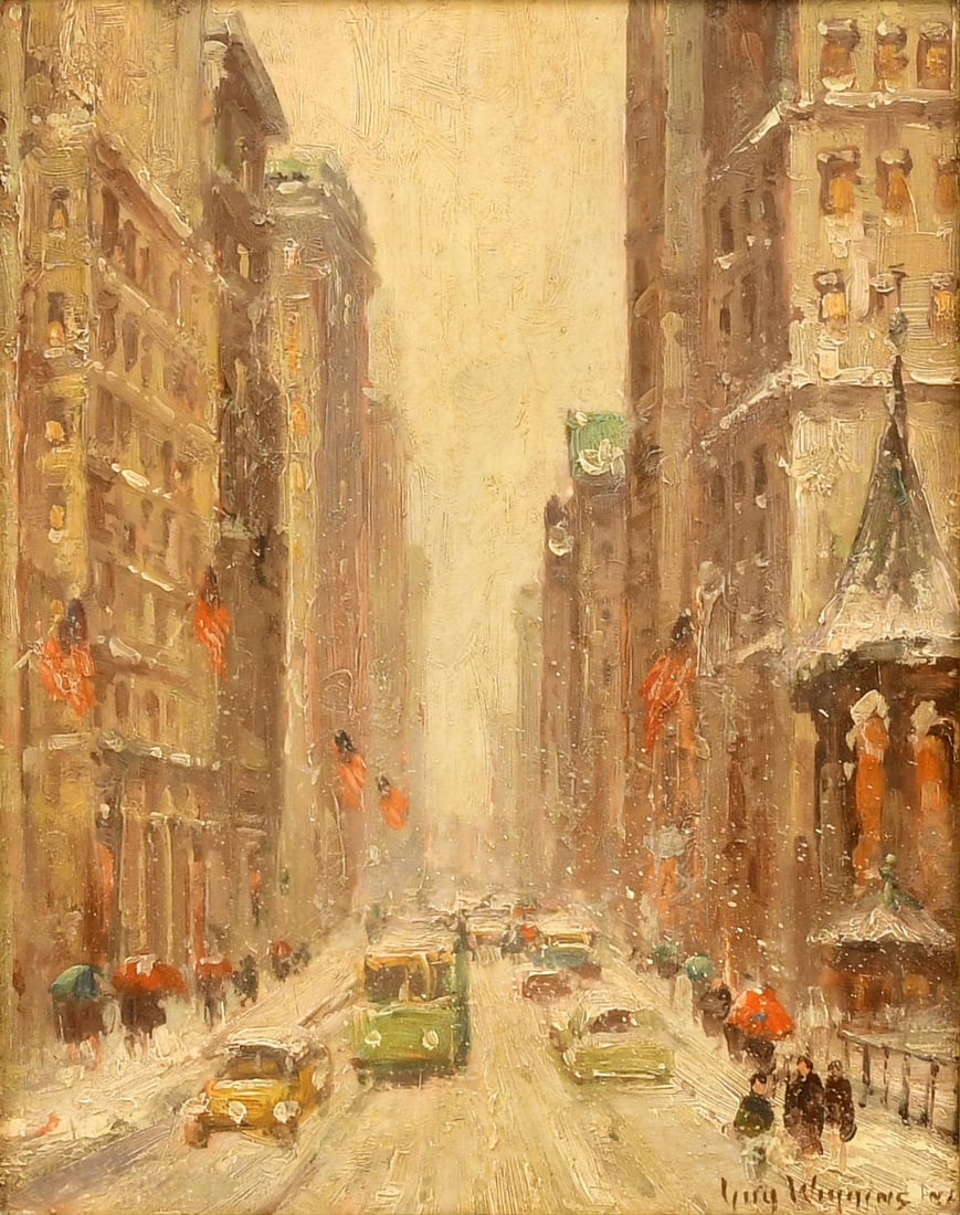 Guy Carleton Wiggins (American, 1883-1962), New York City Winter Street Scene: Guy Carleton Wiggins(American, 1883-1962)New York City Winter Street Sceneoil on boardsigned "Guy Wiggins, NA" (lower right)9 1/2 x 7 1/2 inches (sight)15 x 13 inches (frame)