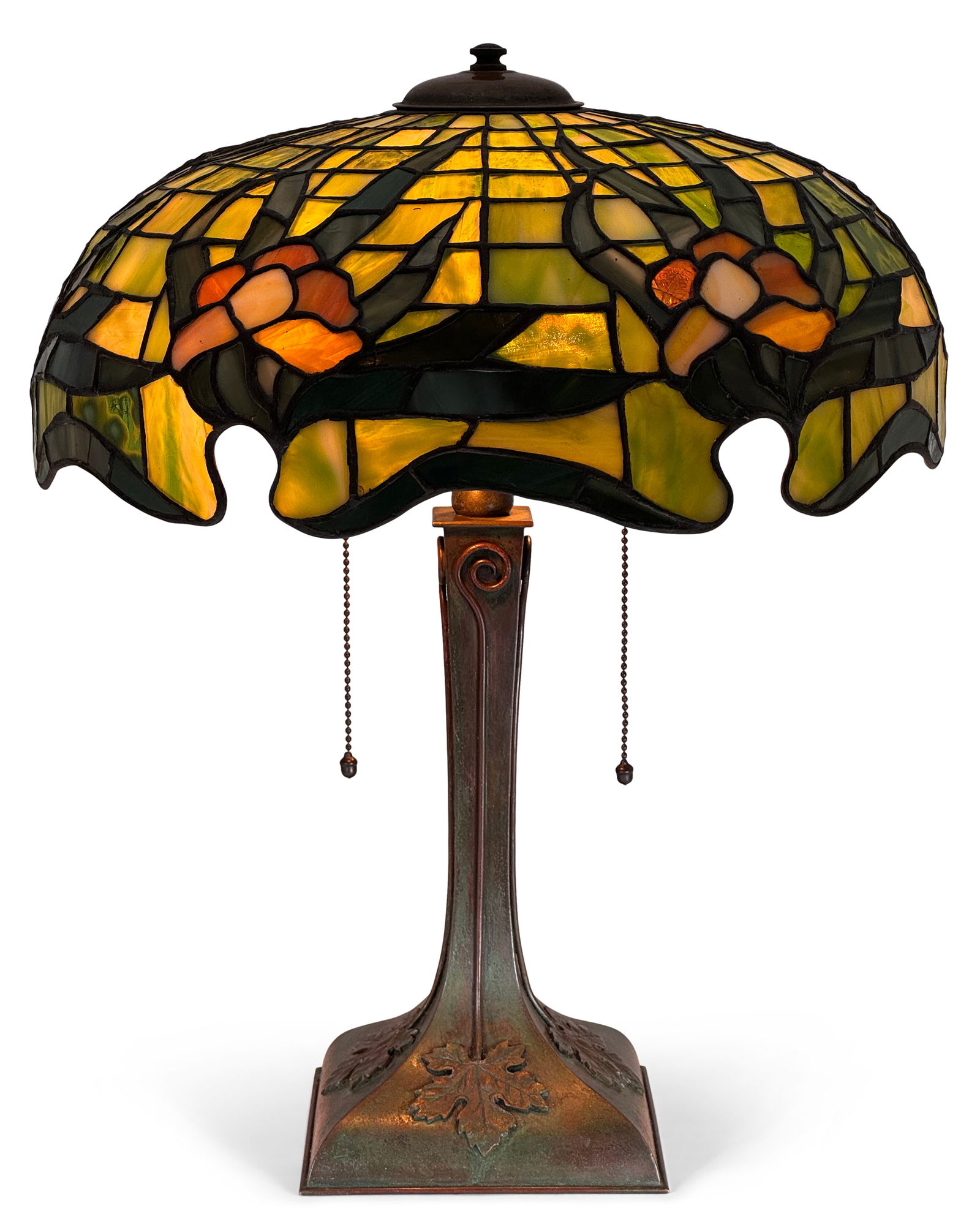 Riviere Studios Floral Table Lamp: Riviere StudiosFloral Table Lampearly 20th centuryleaded glass, patinated metalunmarked19 1/2 x 16 inchesProvenance: Property from a Massachusetts CollectorOther Notes: Fontaine's Auction Gallery