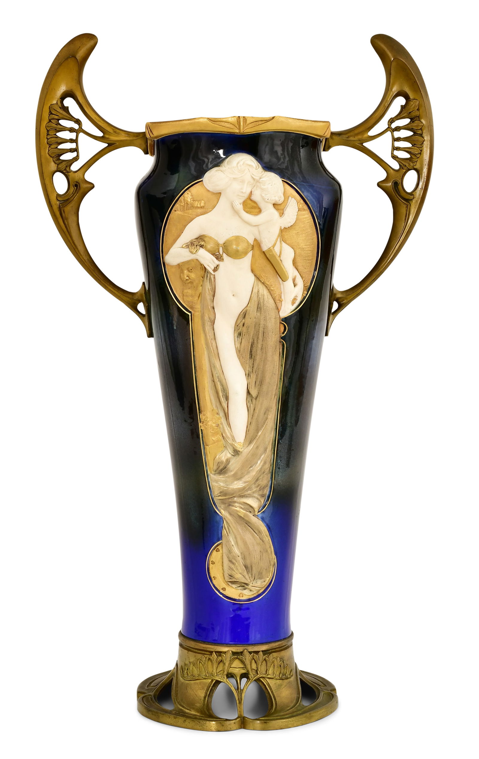 Charles Korschann & Paul-Francois Louchet, Large Art Nouveau Vase with Maiden & Cupid: Charles Korschann / Paul-Francois LouchetLarge Art Nouveau Vase with Maiden & Cupidcirca 1900glazed and gilt porcelain, gilt bronzesigned "Ch. Korschann, Paris" to body, base signed "Alp. P.L." and wi