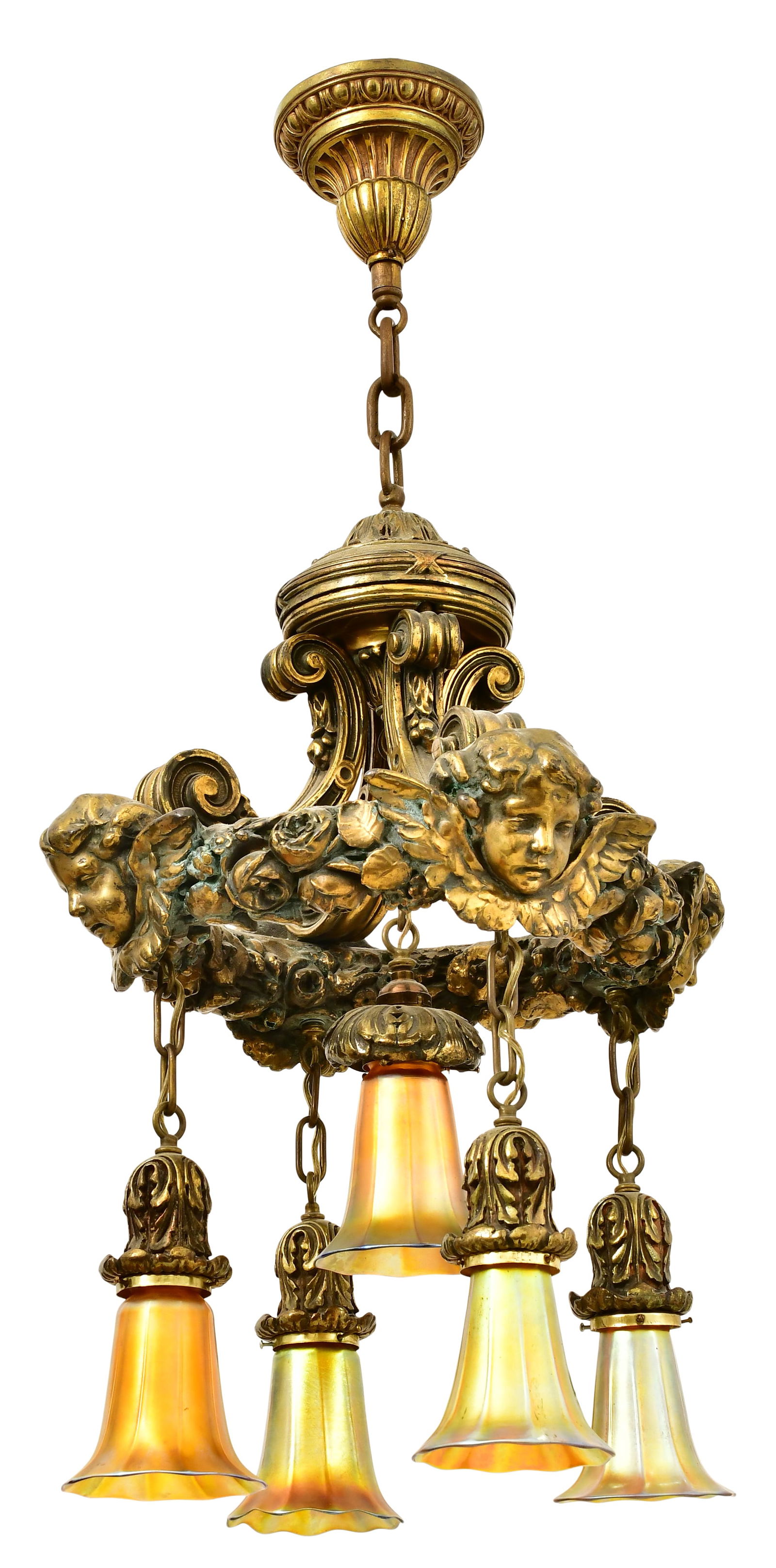 American Gilt Bronze & Art Glass Five-Light Chandelier (1 of 6)