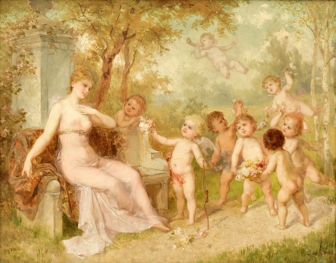 Jean Ernest Aubert (French, 1824-1906), Mythical Scene with a Woman & Cherubs (1 of 4)