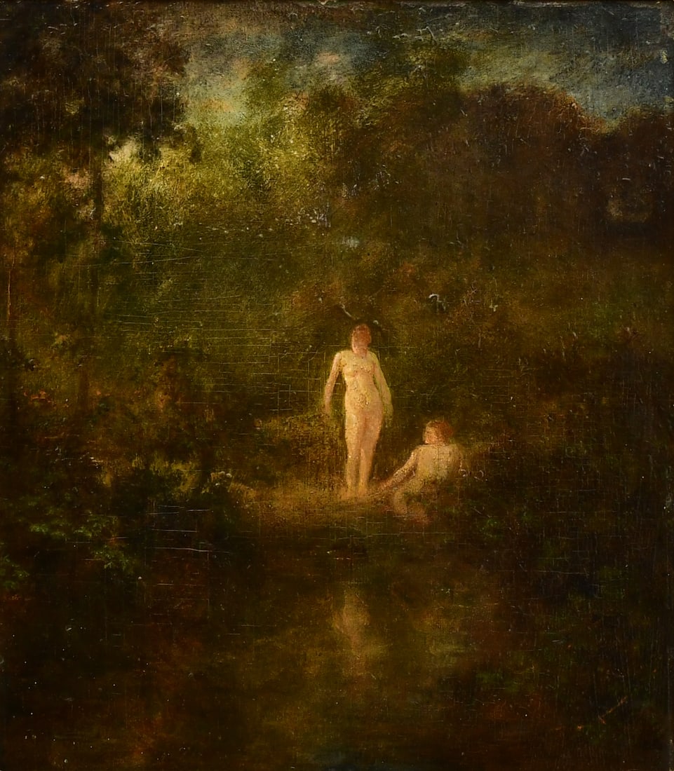 George Inness, Jr. (American, 1854-1926), "The Bathers": Property from The Collection of Elizabeth FoxGeorge Inness, Jr.(American, 1854-1926)"The Bathers"oil on boardsigned lower right13 1/4 x 11 1/2 inches (sight)19 x 17 1/2 inches (frame)Provena