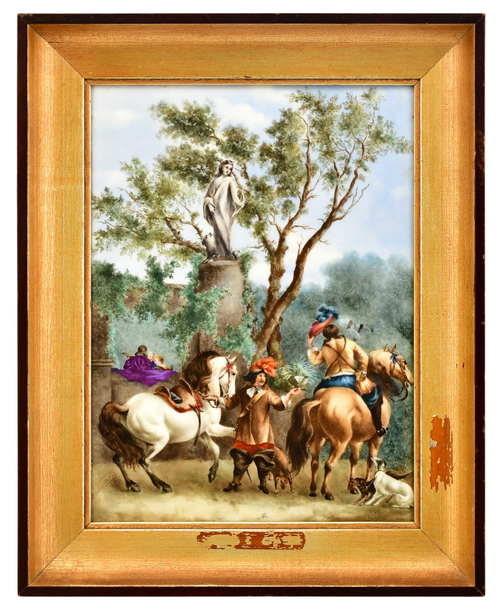 Berlin (K.P.M.) Porcelain Plaque, "Before the Hunt": Berlin (K.P.M.) Porcelain Plaque, "Before the Hunt"late 19th centuryimpressed "K.P.M." with scepter mark9 3/4 x 7 1/4 inches (plaque)12 3/4 x 10 1/4 inches (frame)Provenance: Private Collection, New J