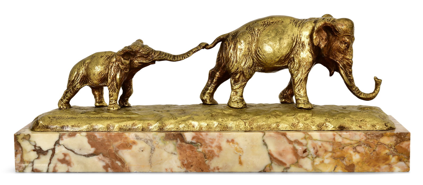 Guido Cacciapuoti (Italian, 1892-1953), Grouping of Elephants: Guido Cacciapuoti(Italian, 1892-1953)Grouping of Elephantsgilt bronze, marblesigned "Guido Cacciapuoti"6 1/2 x 16 1/2 x 4 3 /4 inchesProvenance: Private Collection, New Jersey