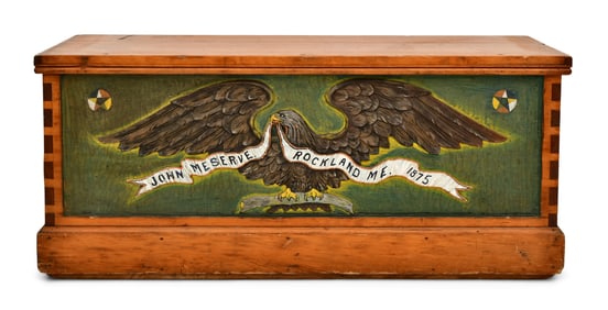 19th Century Carved & Paint-Decorated Wood Sea Chest with Eagle, John Meserve, Rockland, Maine,