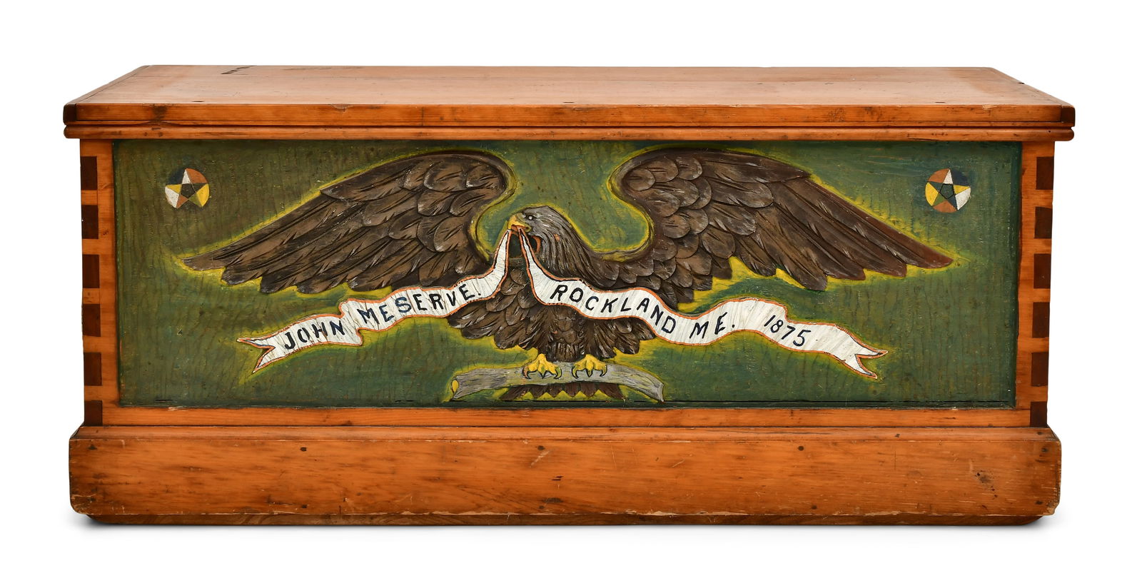 19th Century Carved & Paint-Decorated Wood Sea Chest with Eagle, John Meserve, Rockland, Maine,