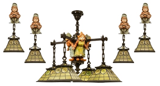 American Arts & Crafts Chalk, Glass & Wrought Iron Chandelier & Four Sconces with Gnomes