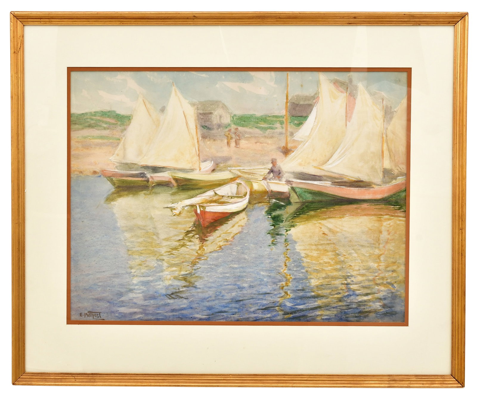 Edward Henry Potthast (American, 1857-1927), Harbor Scene with Boats & Figures: Edward Henry Potthast(American, 1857-1927)Harbor Scene with Boats & Figureswatercolorsigned "E. Potthast" (lower left)17 1/4 x 23 1/4 inches (sight)26 x 31 1/2 inches (frame)Provenance: