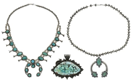 Two Sterling Silver & Turquoise Squash Blossom Necklaces & Pendant