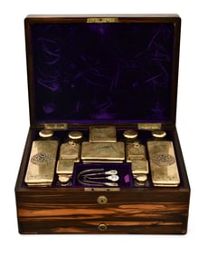 English Brass-Mounted Wood & Sterling Silver Travel Vanity