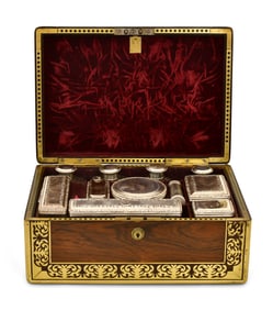 English Brass-Mounted Wood & Sterling Silver Travel Vanity