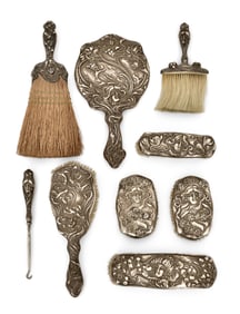 Art Nouveau Sterling Silver Nine-Piece Dresser Set