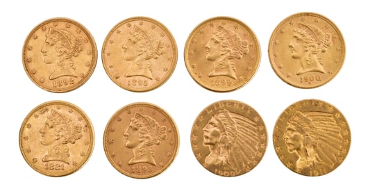 Lot of Eight $5 Gold Coins, 1881, 1892, 1893, 1895, 1899 & 1900 Liberty Head Eagles and 1909 & 1911